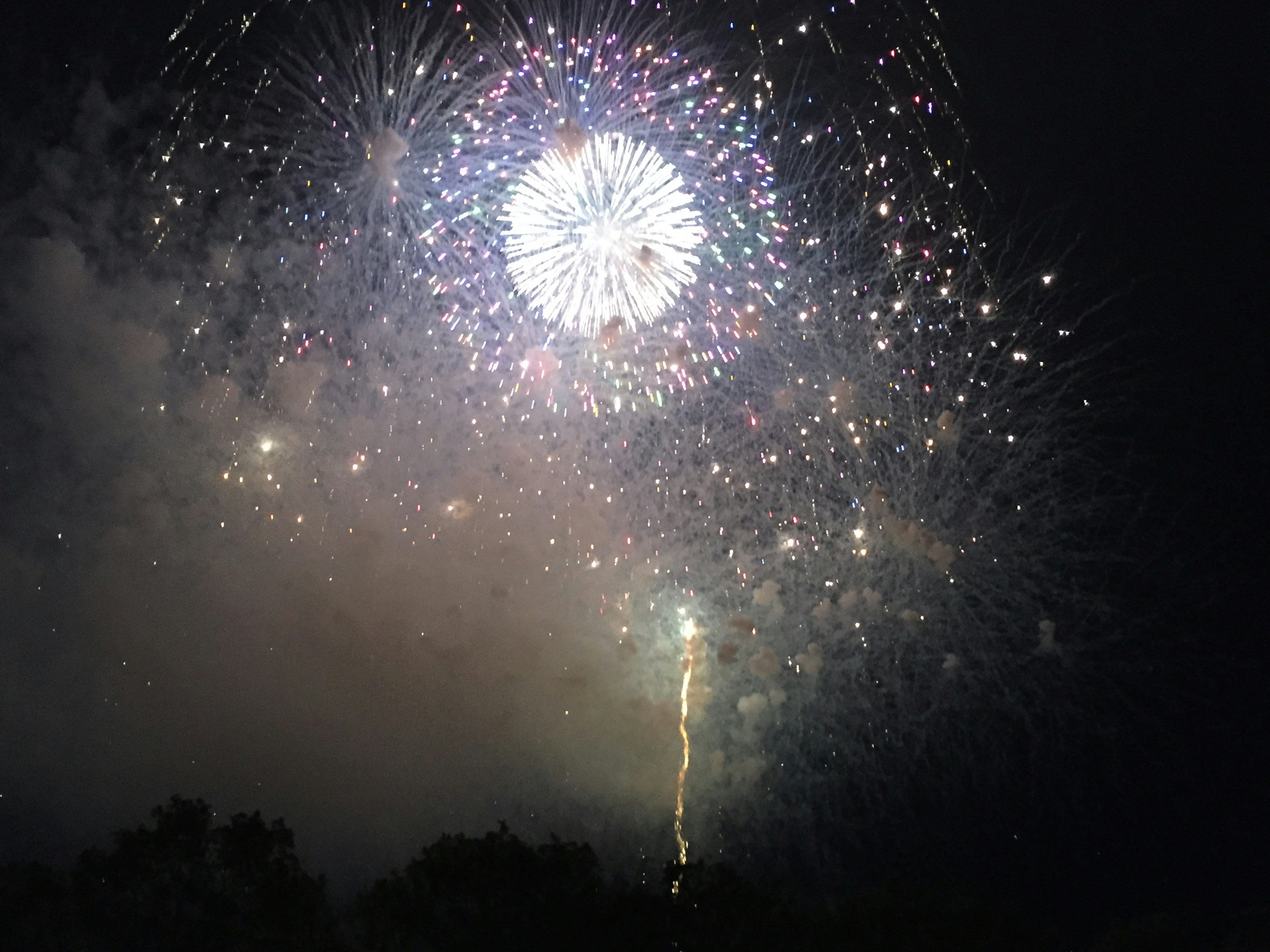 夜空中绽放的大型烟花与闪烁的光点