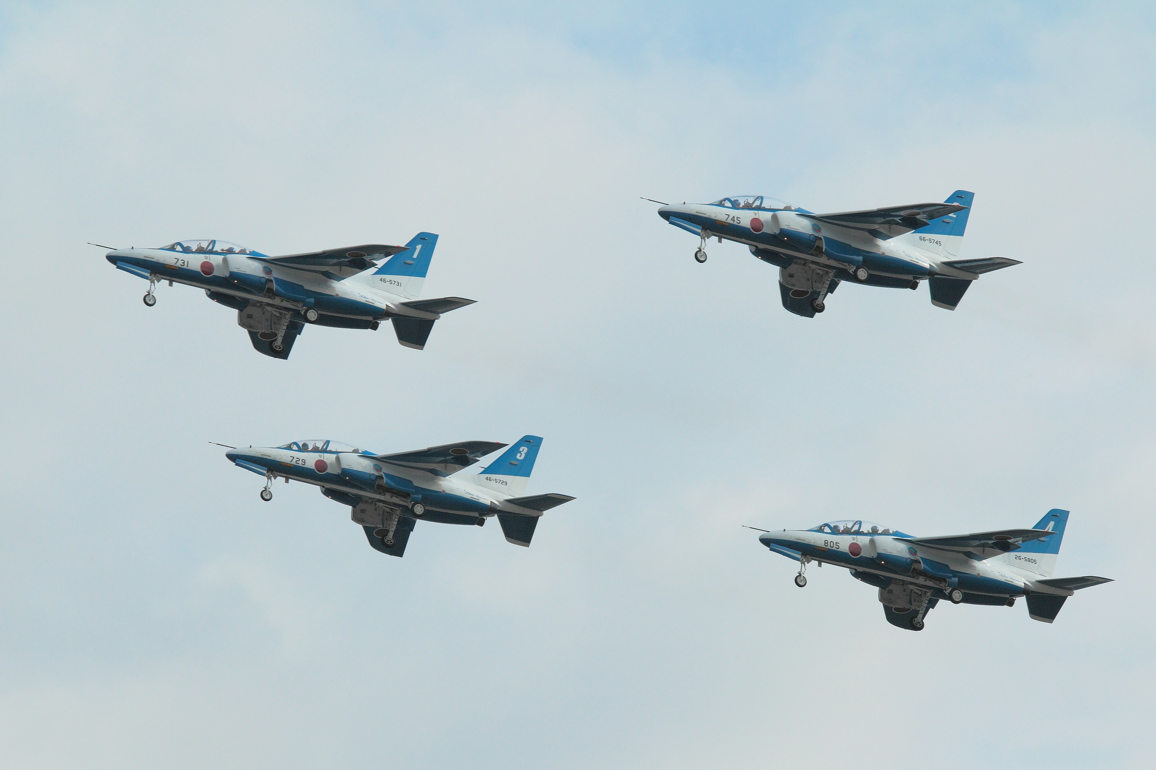 Vier blaue und schwarze Militärjets fliegen in Formation