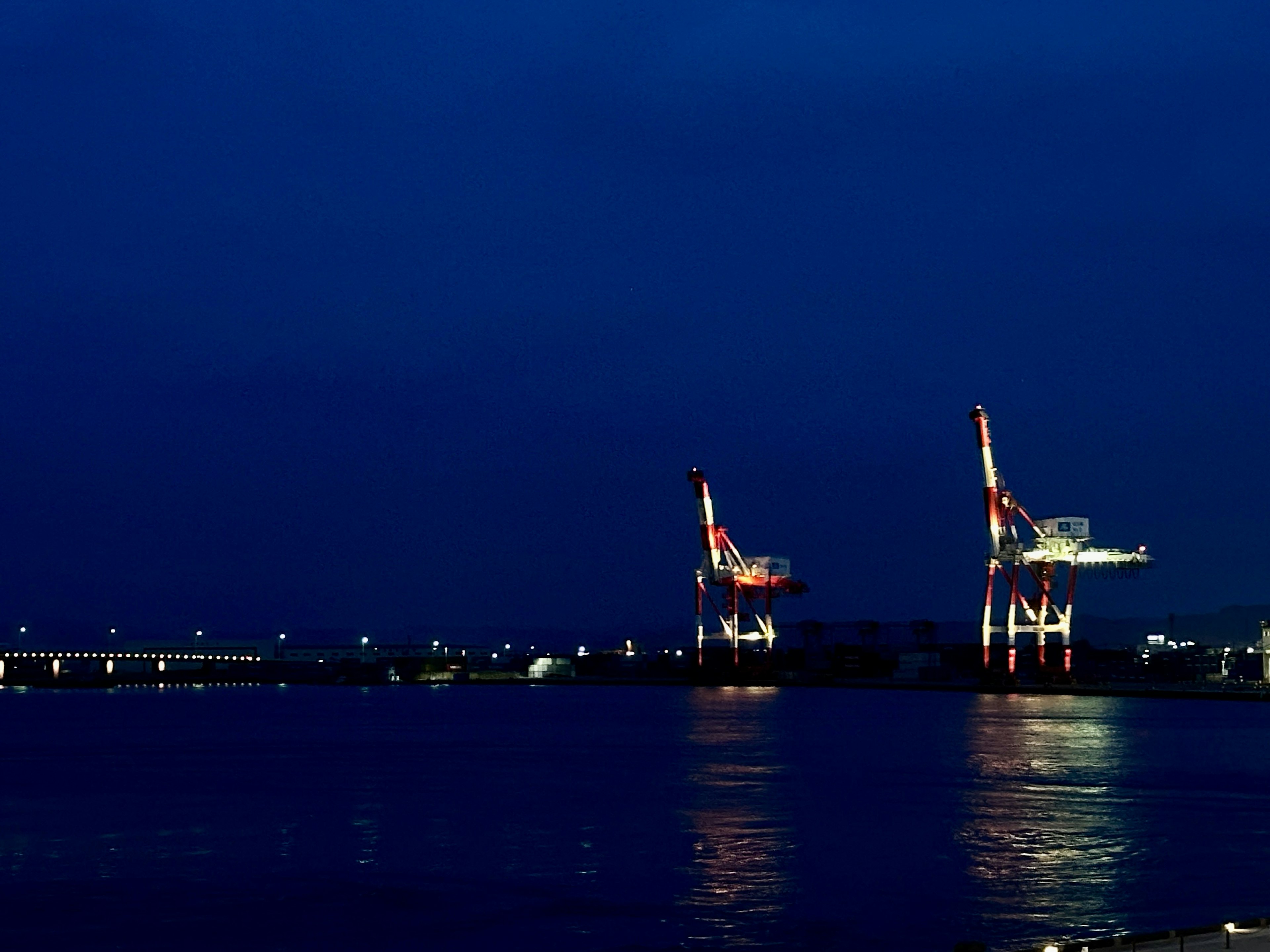 Cranes by the waterfront illuminated at night