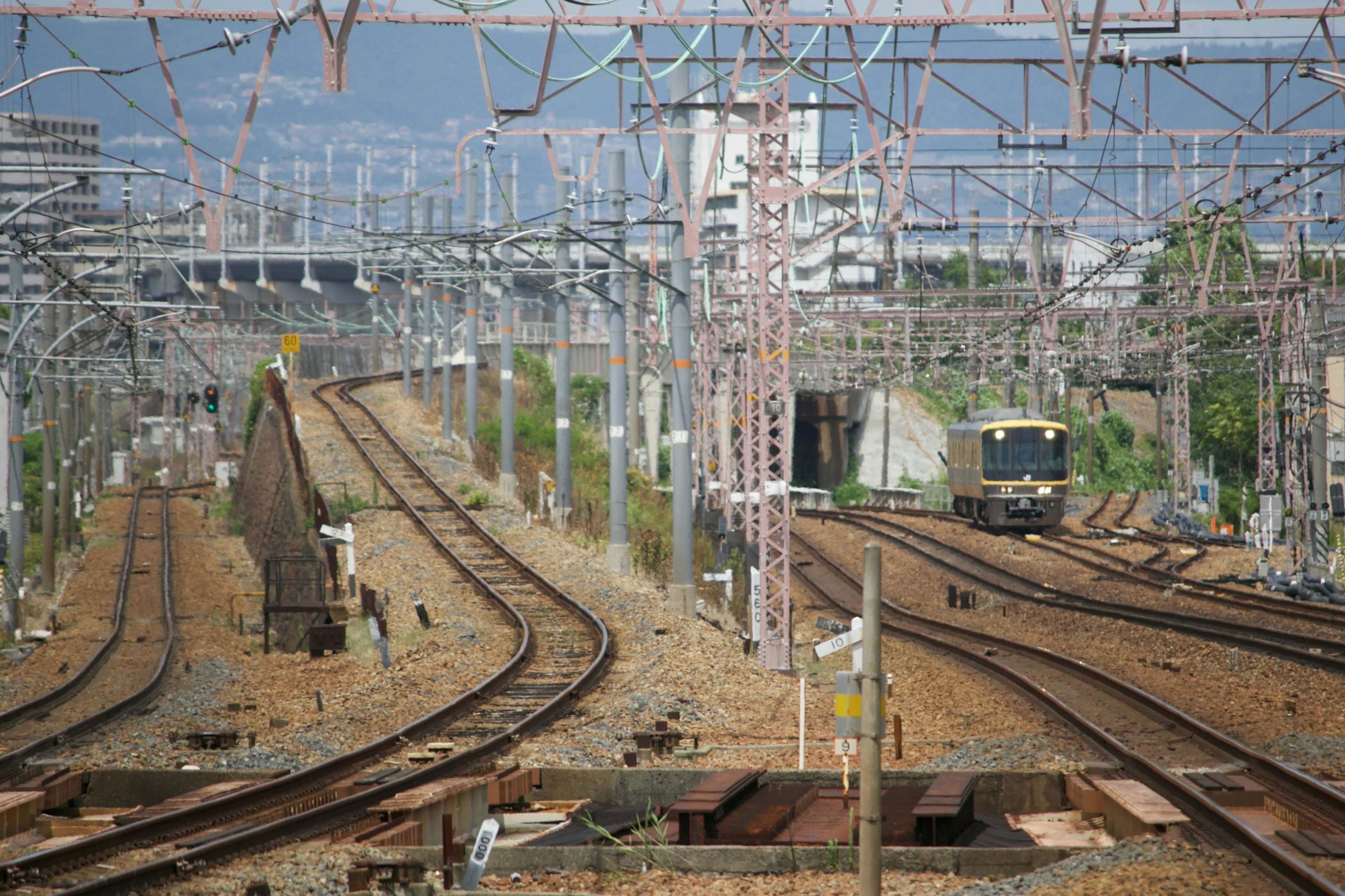 鉄道の複雑な線路と電線が見える風景