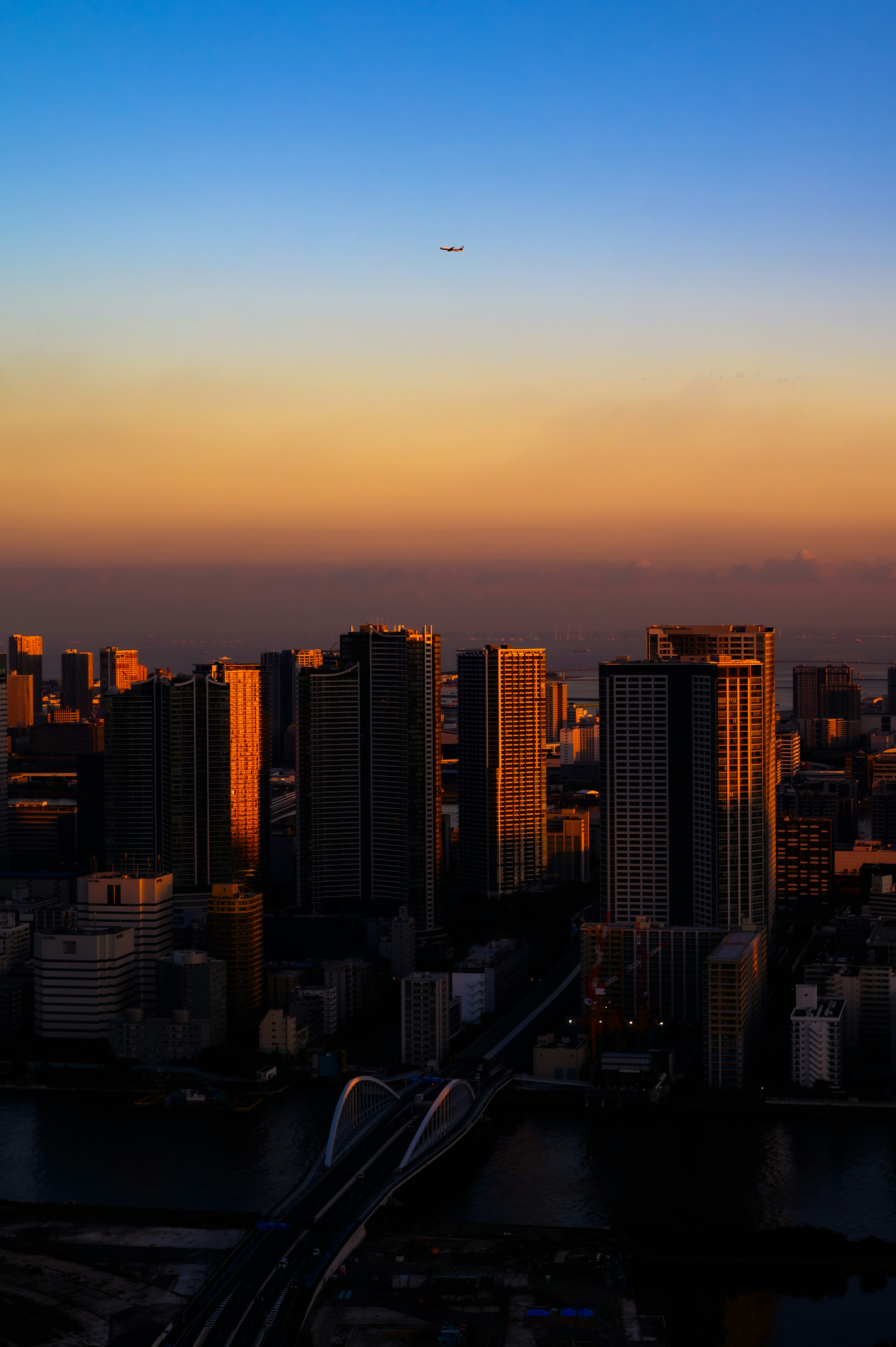 夕焼けの中の都市のスカイライン 高層ビルと橋が見える