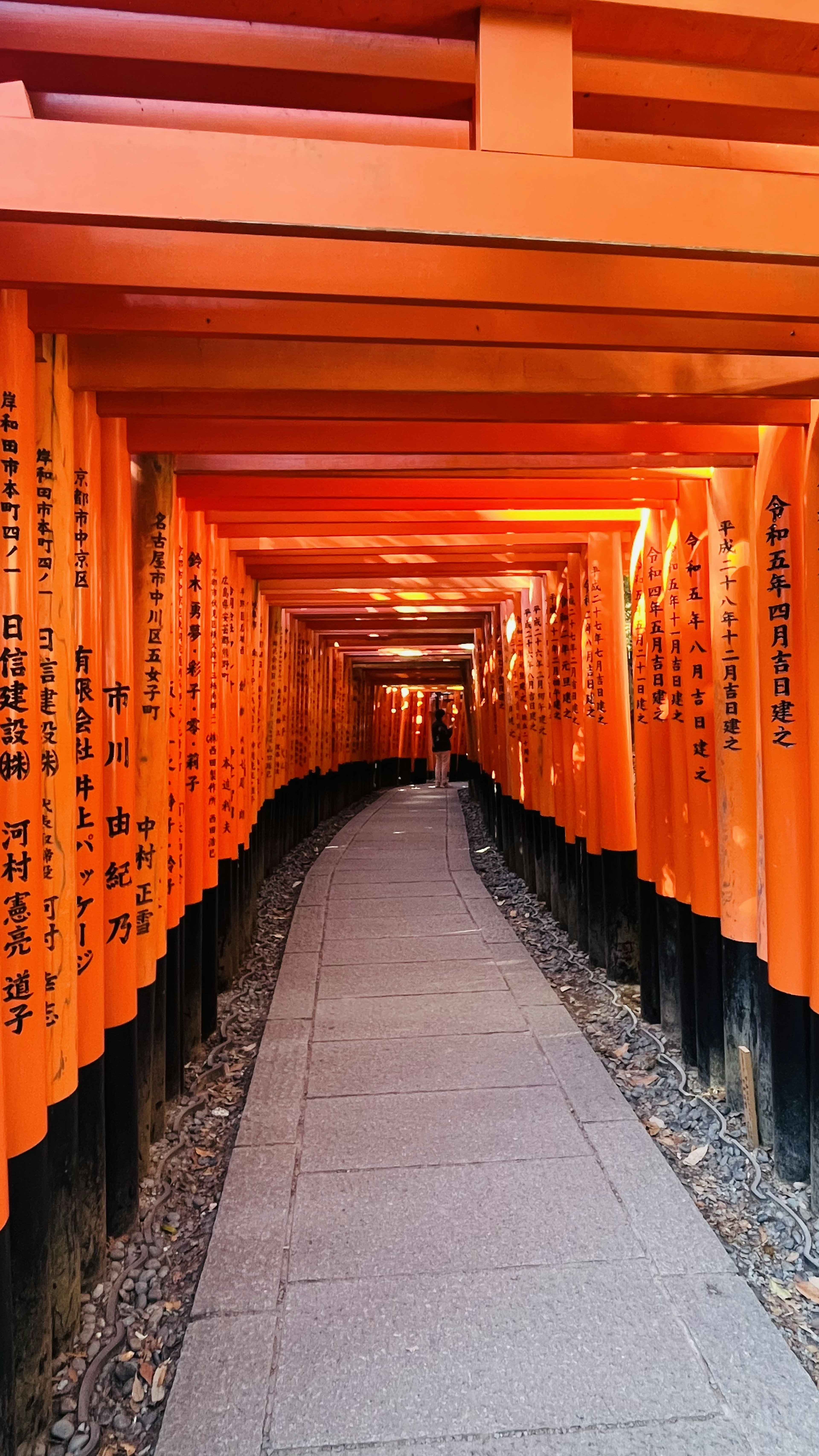 オレンジ色の鳥居が並ぶ道とその曲がり角