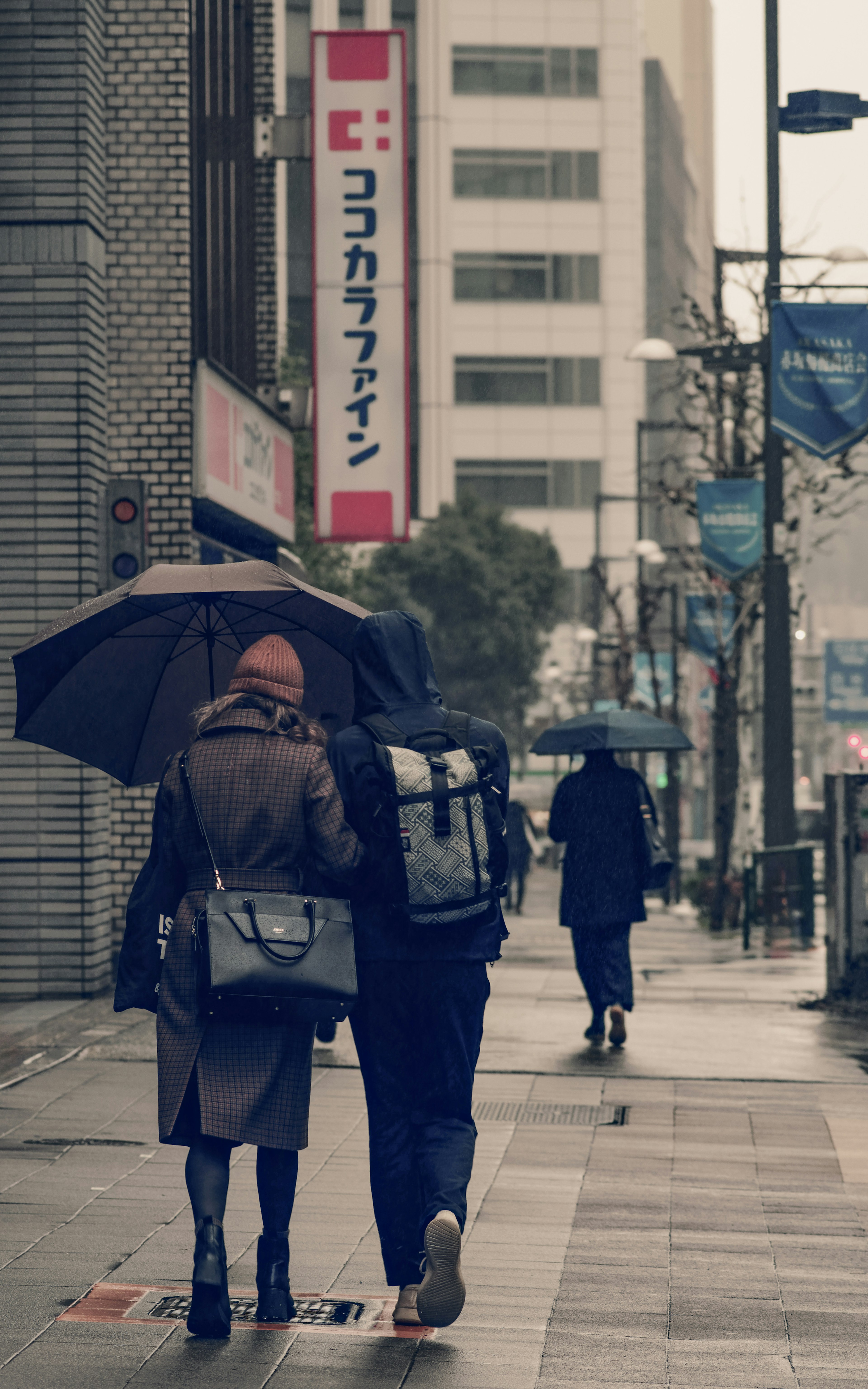 两个人在城市街道上撑着伞走