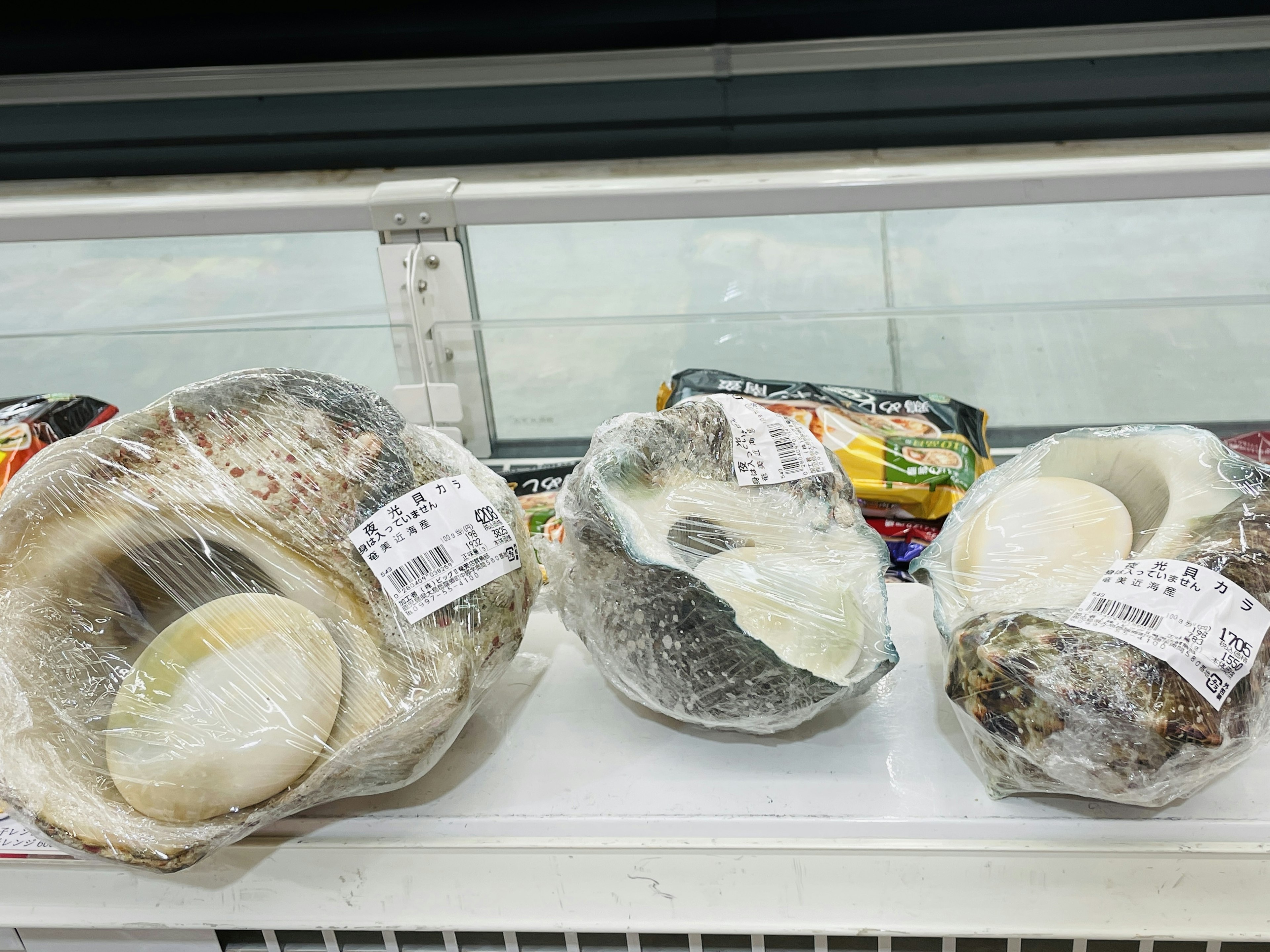 Three large frozen mushrooms wrapped in plastic on a shelf