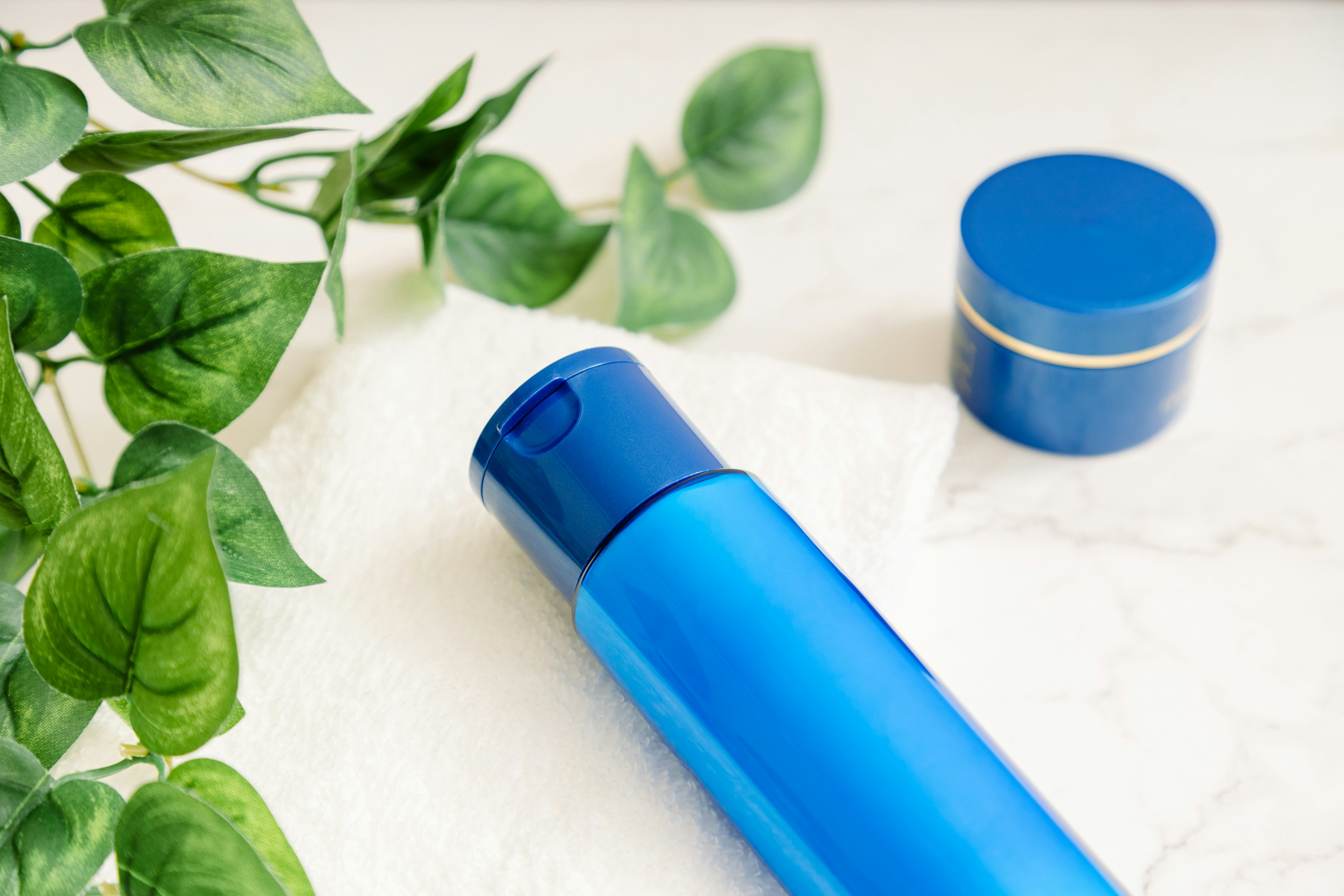 Image featuring a blue bottle and cream jar arranged with green leaves in the background