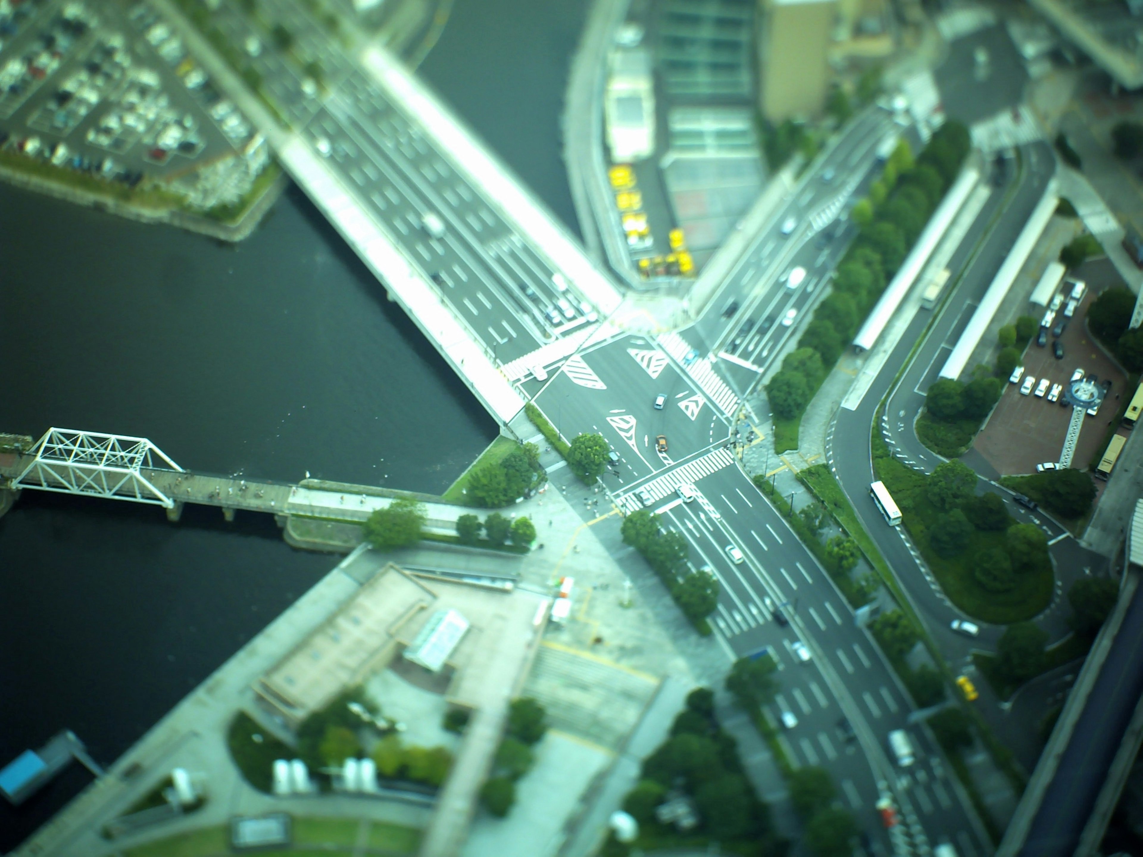 Aerial view of an intersection and river scene