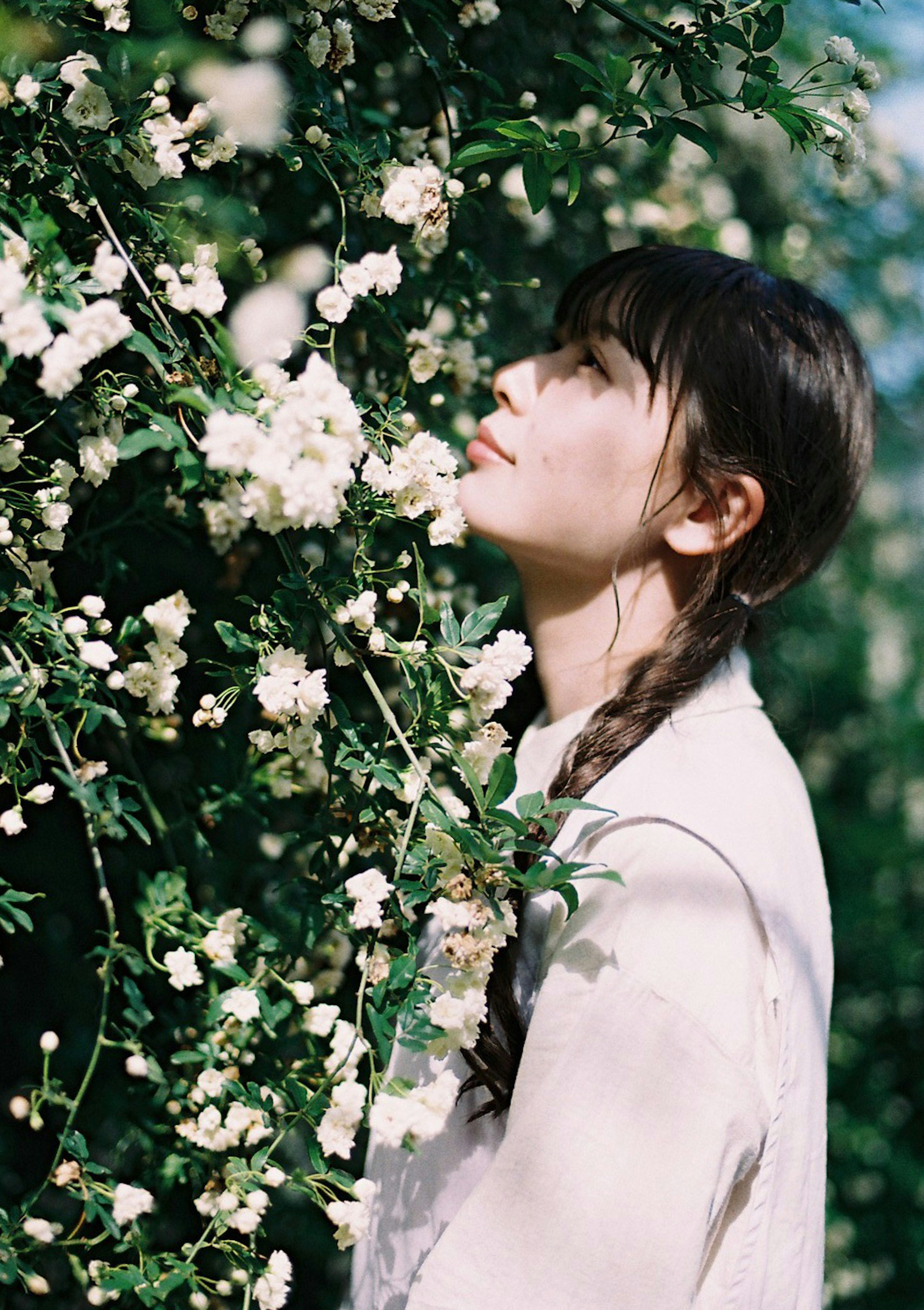 花の中で静かに佇む女性の横顔