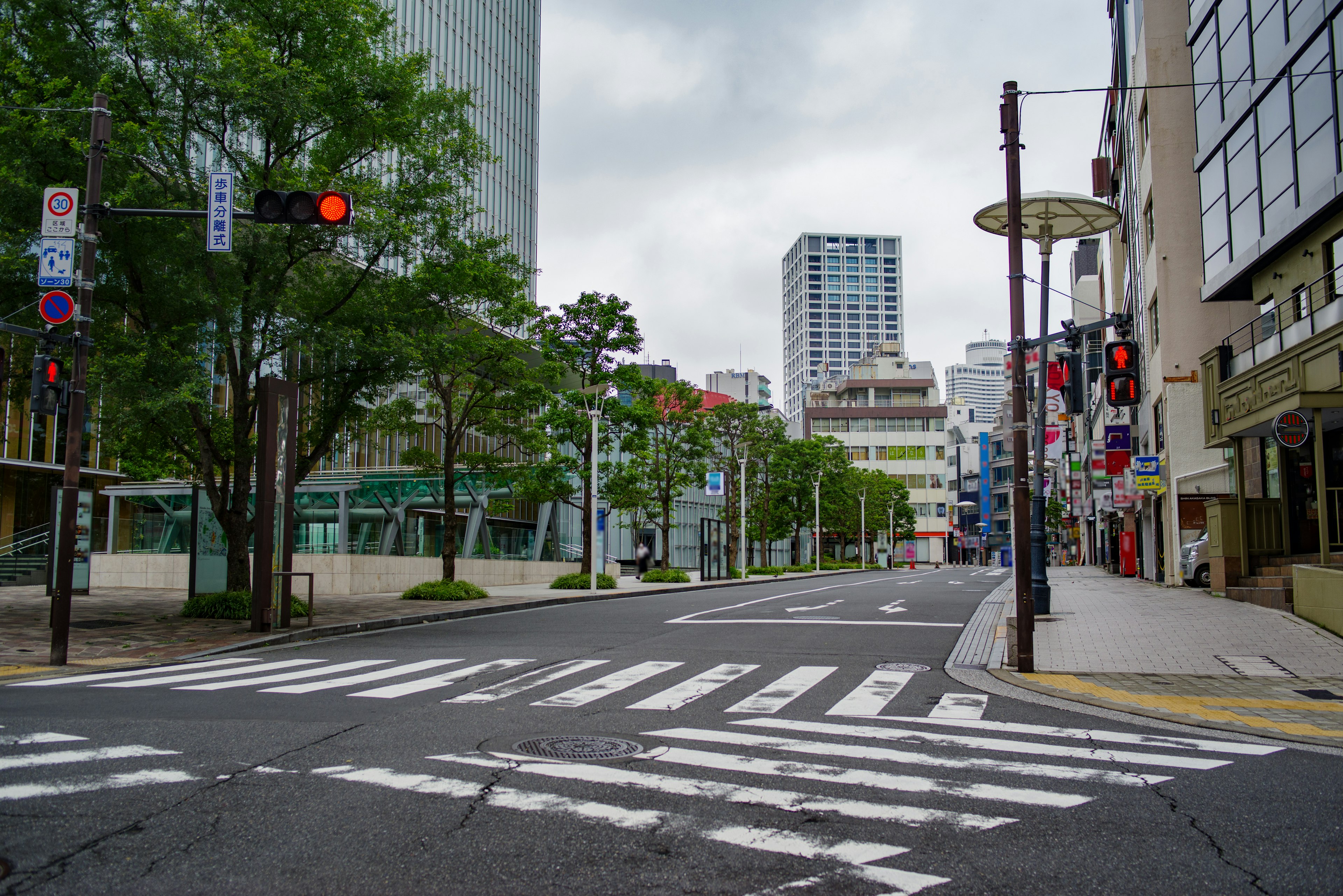 Jalan kota dengan lampu lalu lintas dan zebra cross