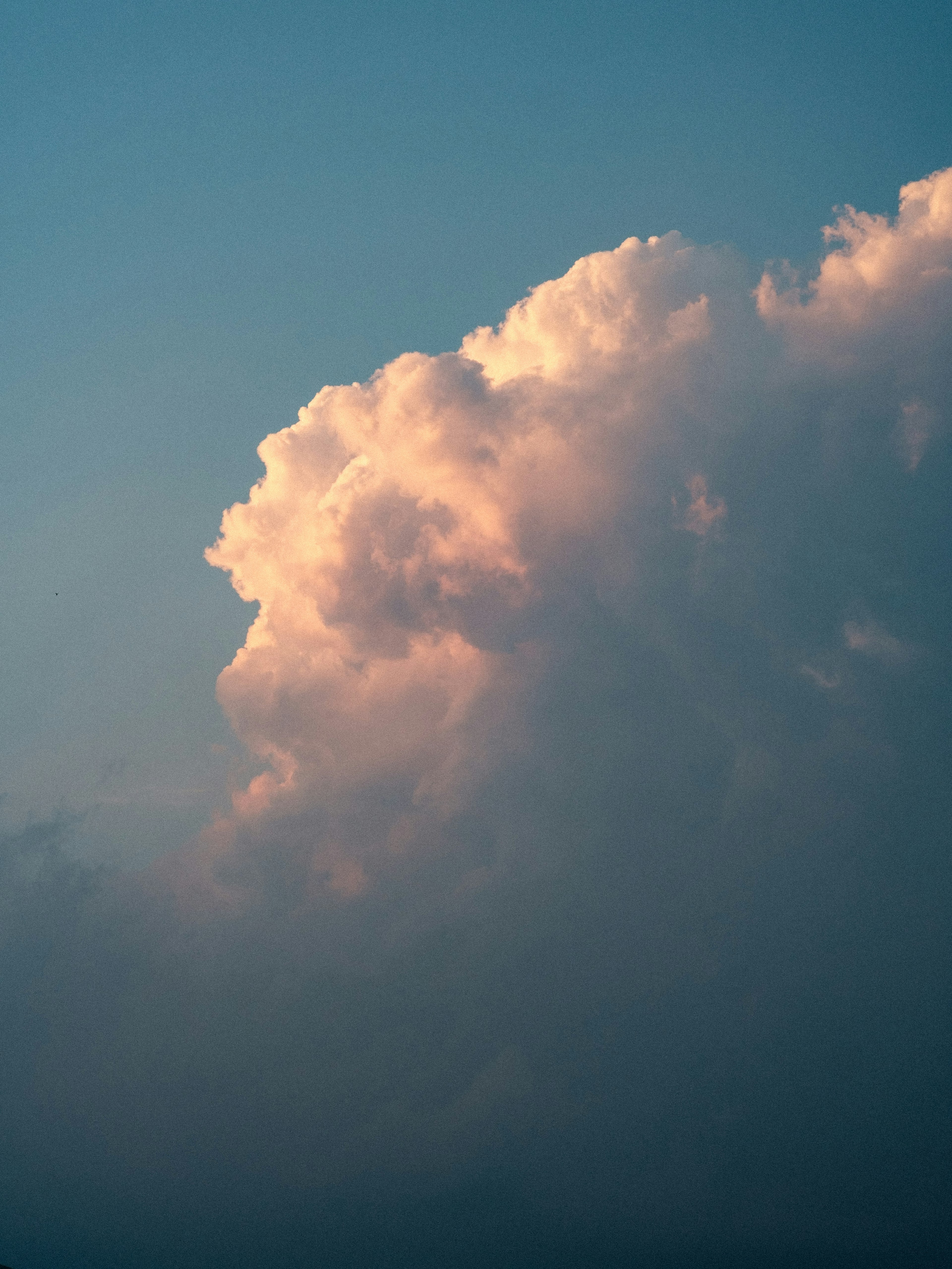 Part of a cloud illuminated by sunset against a blue sky