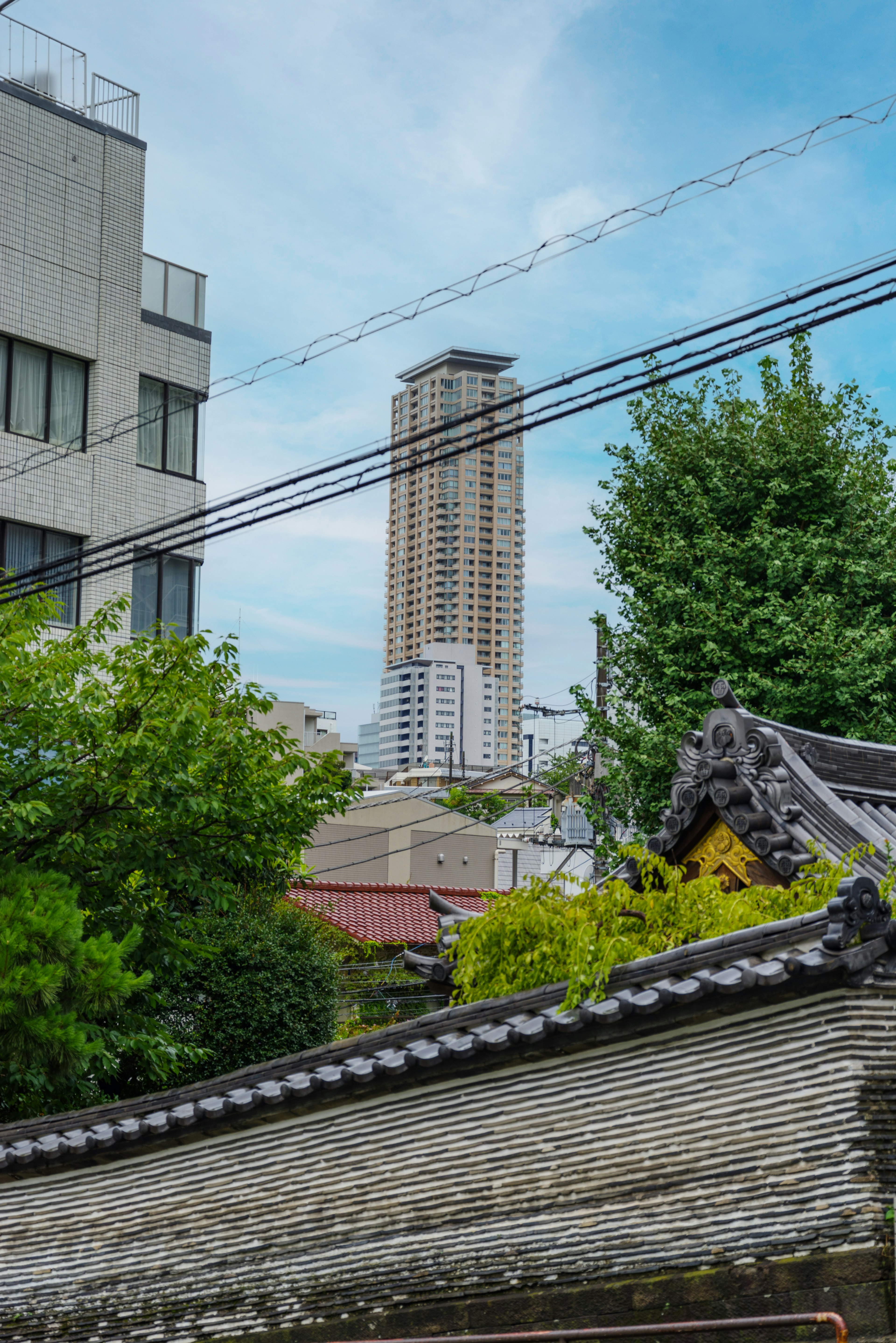 A view showcasing a modern skyscraper behind traditional rooftops and green trees