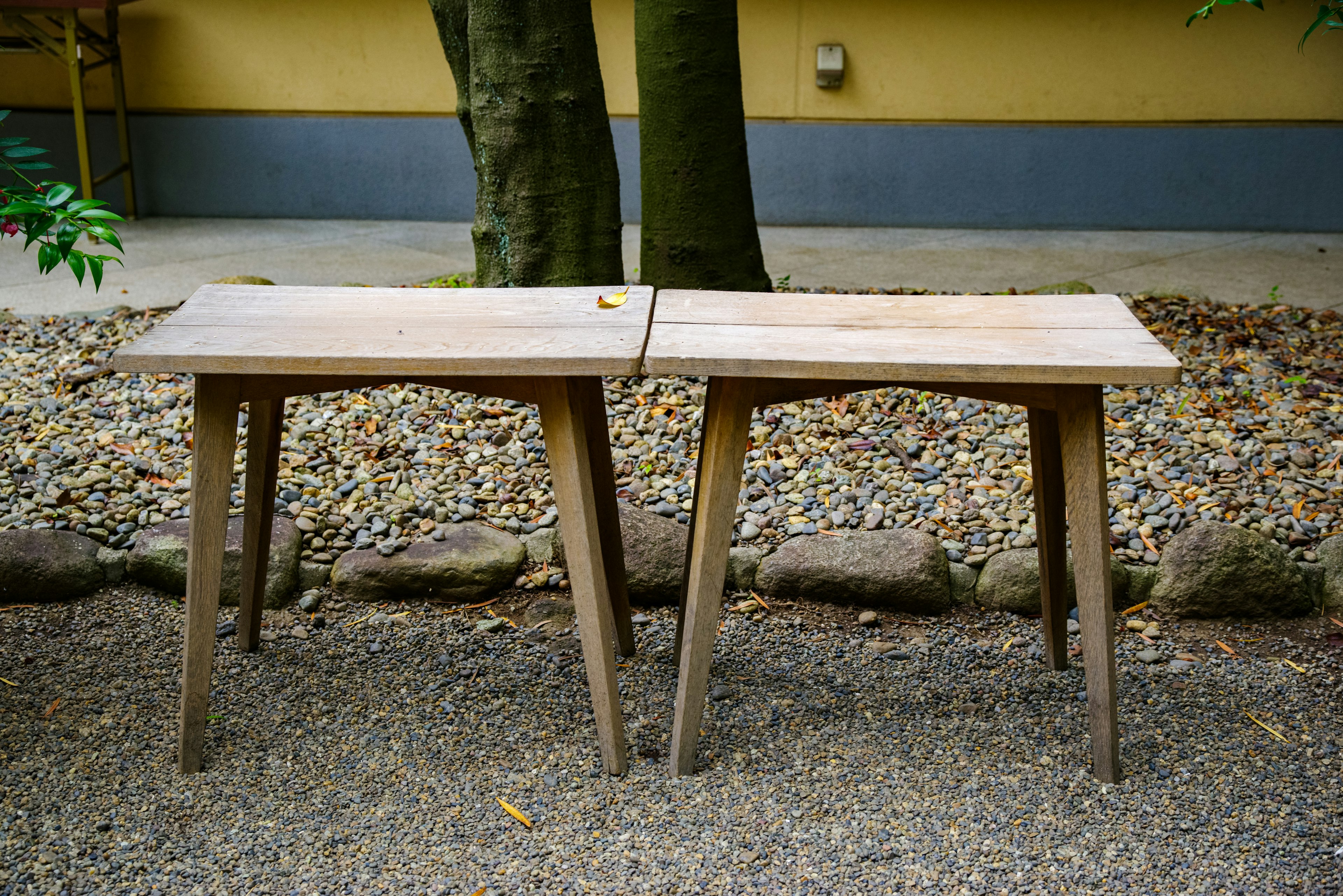 Two wooden tables placed side by side in a garden setting