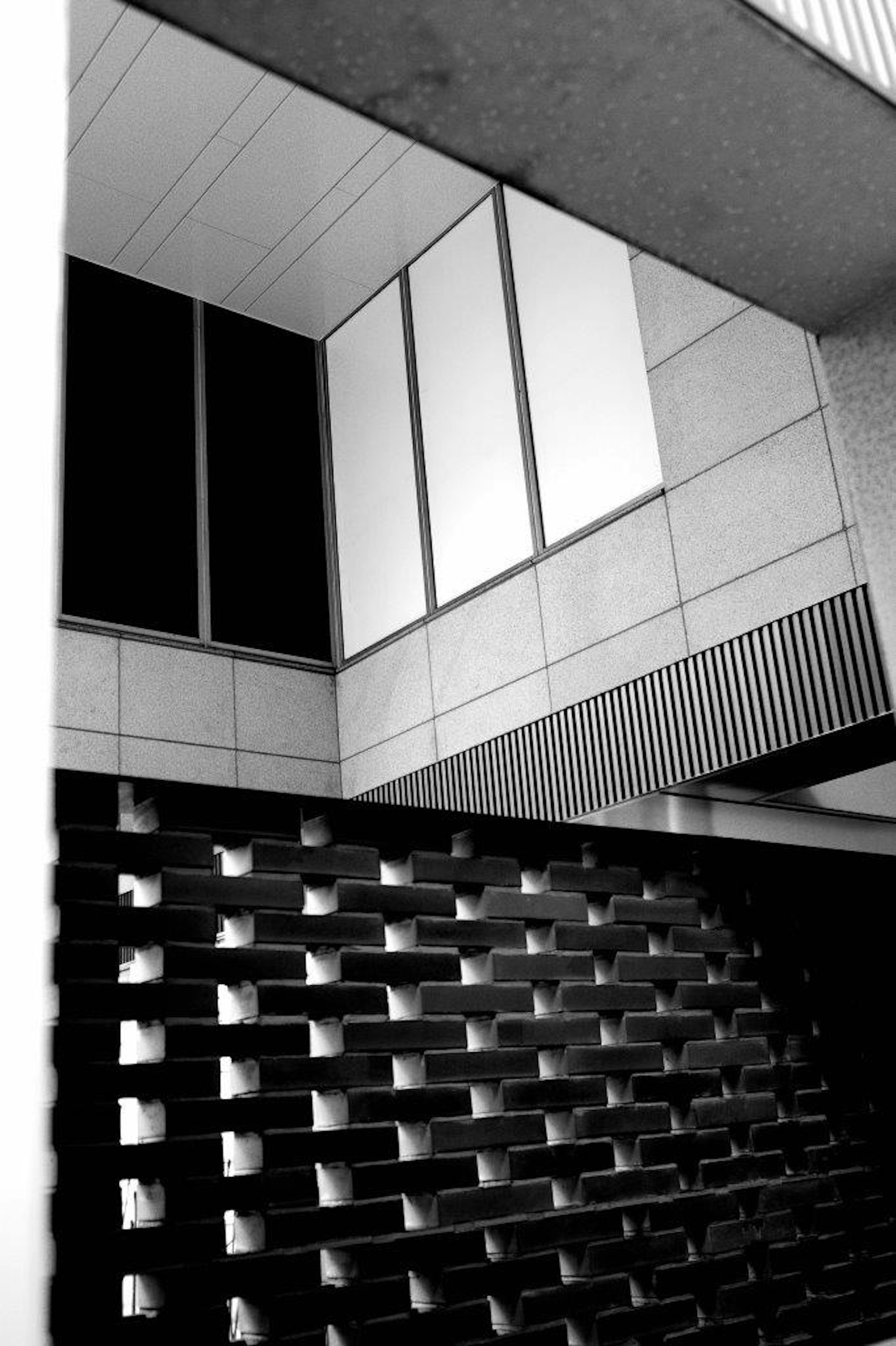 Black and white image of modern architecture featuring angular windows and linear design