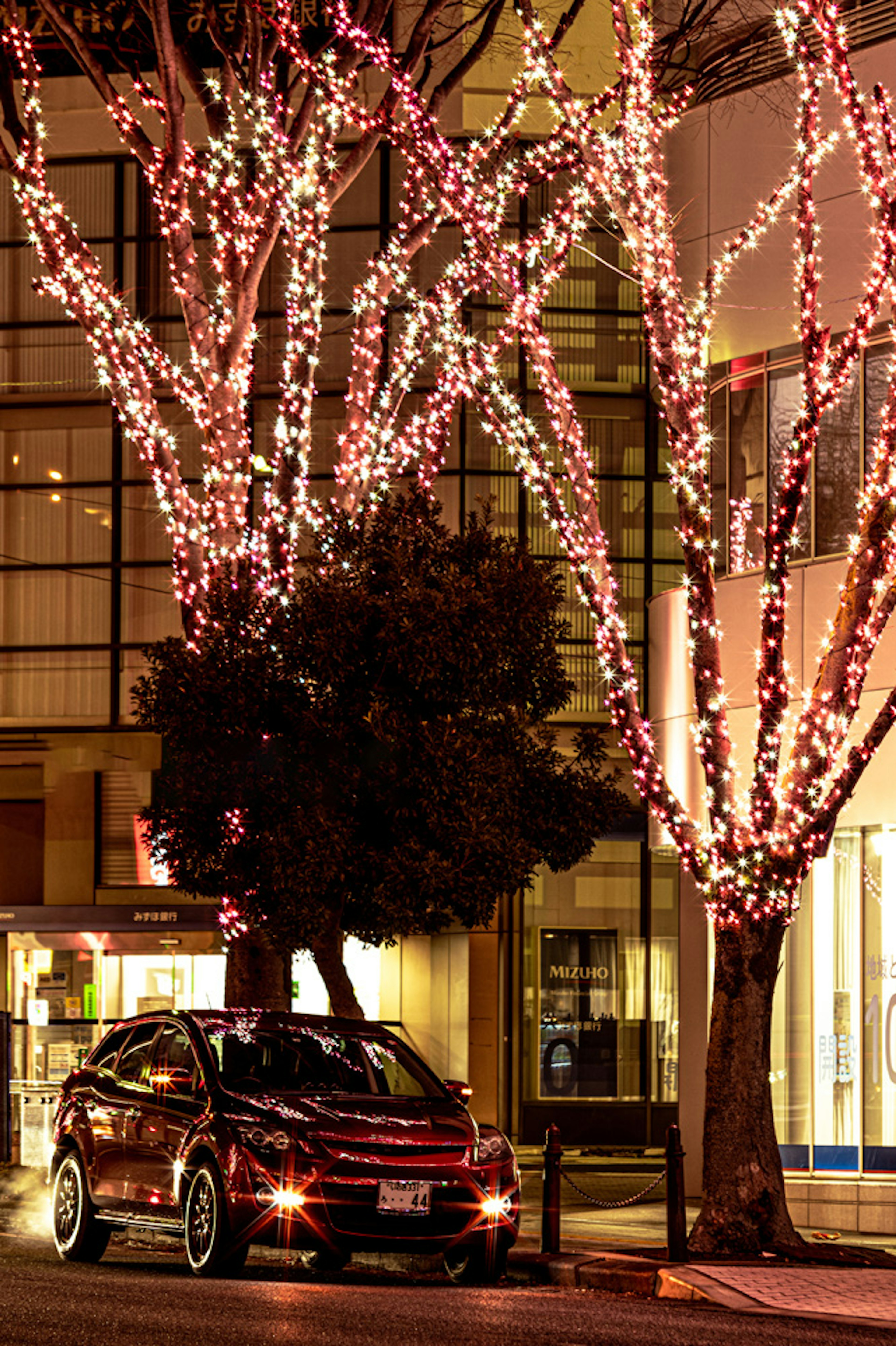 Escena nocturna con luces rosas en los árboles y un coche rojo