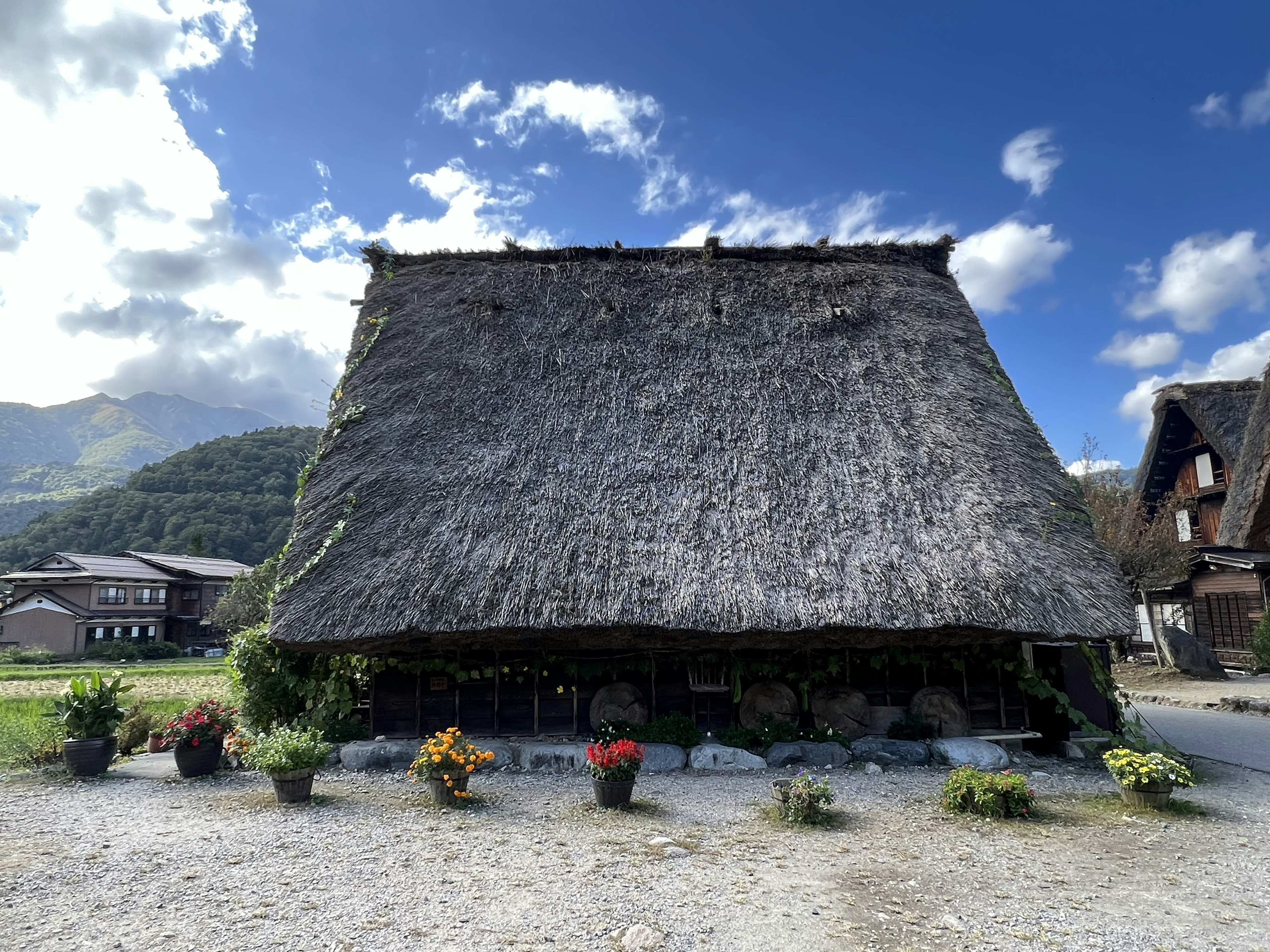 Traditionelles Haus mit Reetdach in einer malerischen Landschaft mit Bergen und blauem Himmel