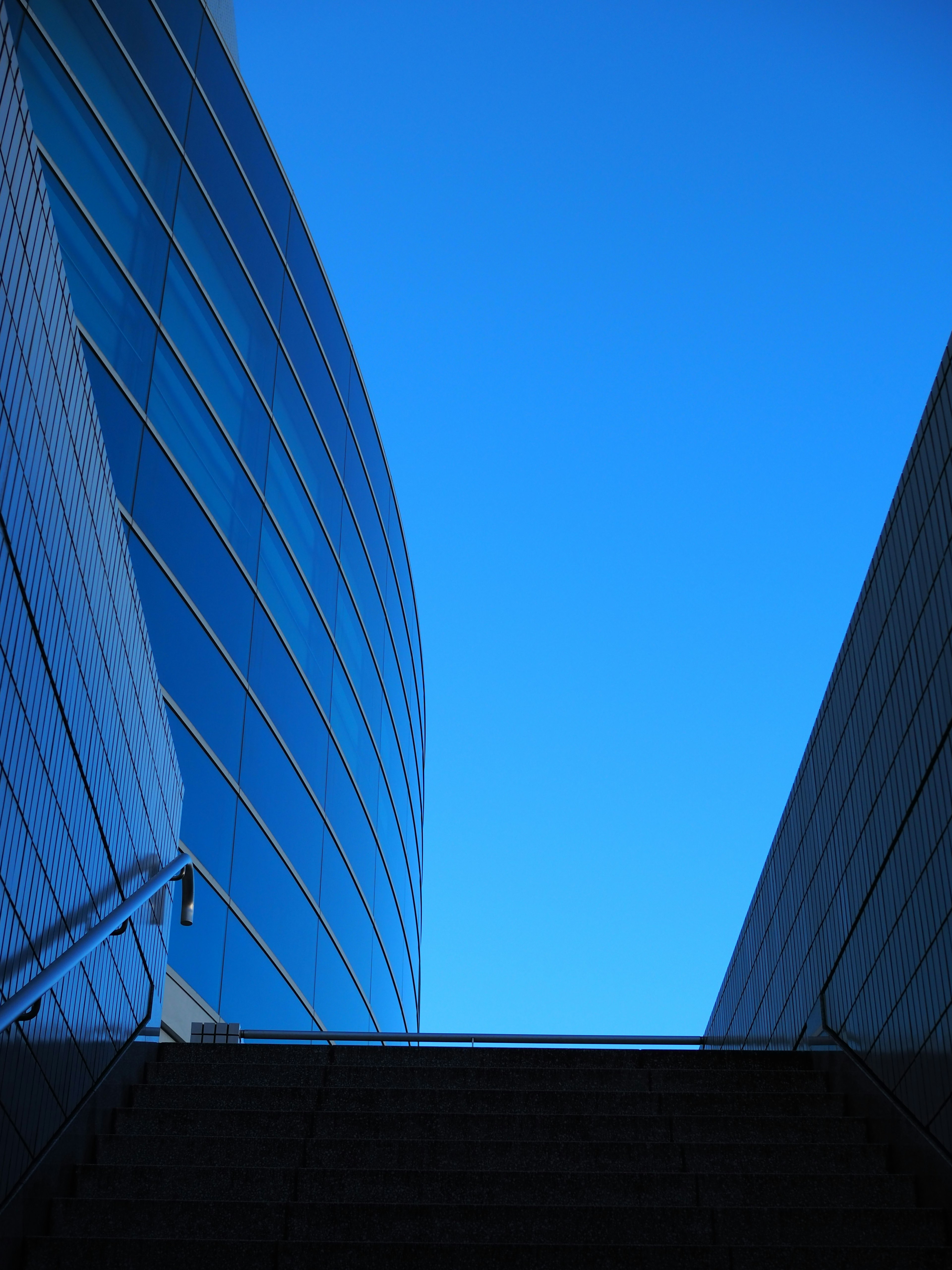 Edificio moderno con fachada de vidrio curvado bajo un cielo azul claro