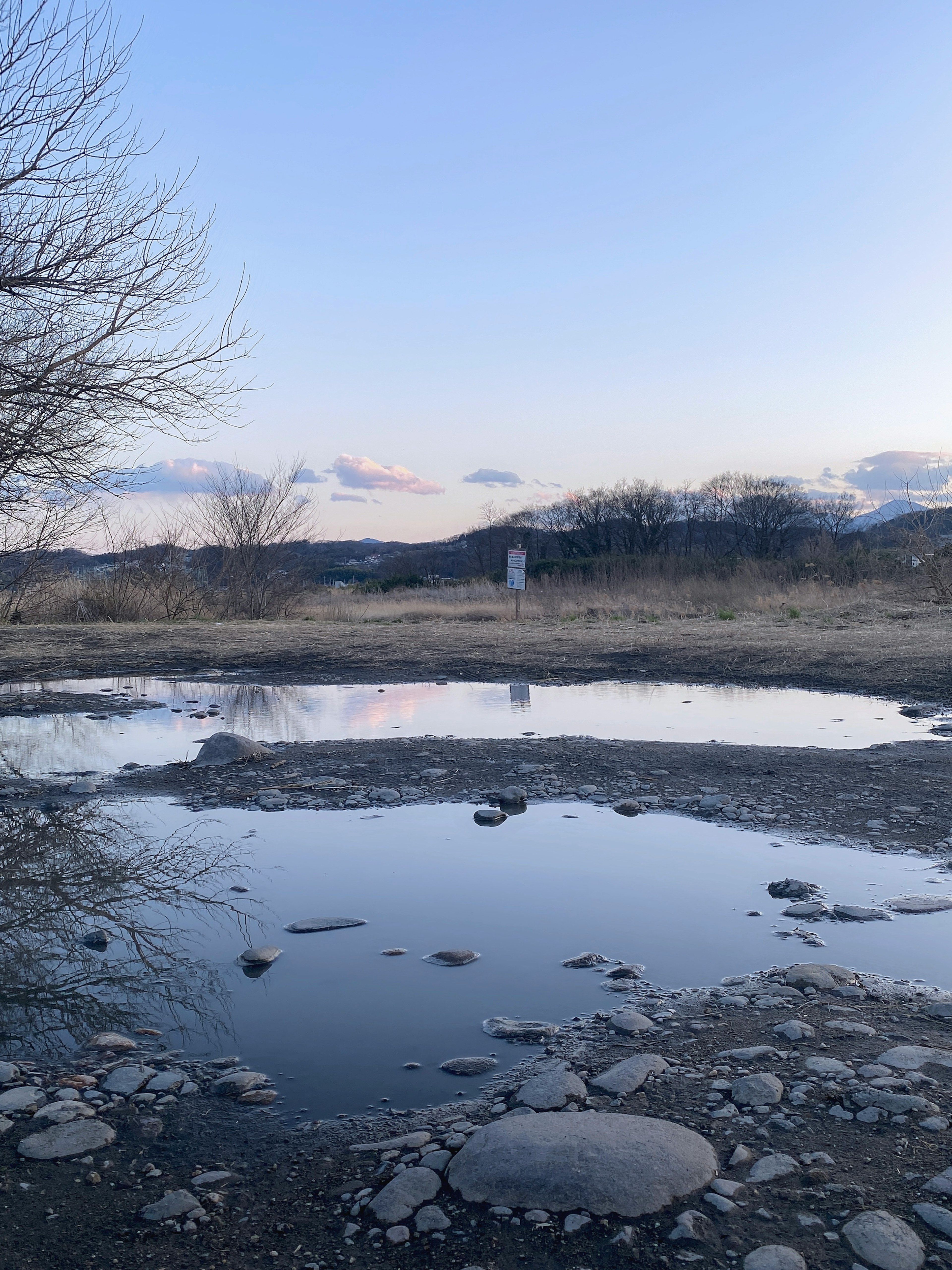 Puddle sereine reflétant le paysage environnant au crépuscule