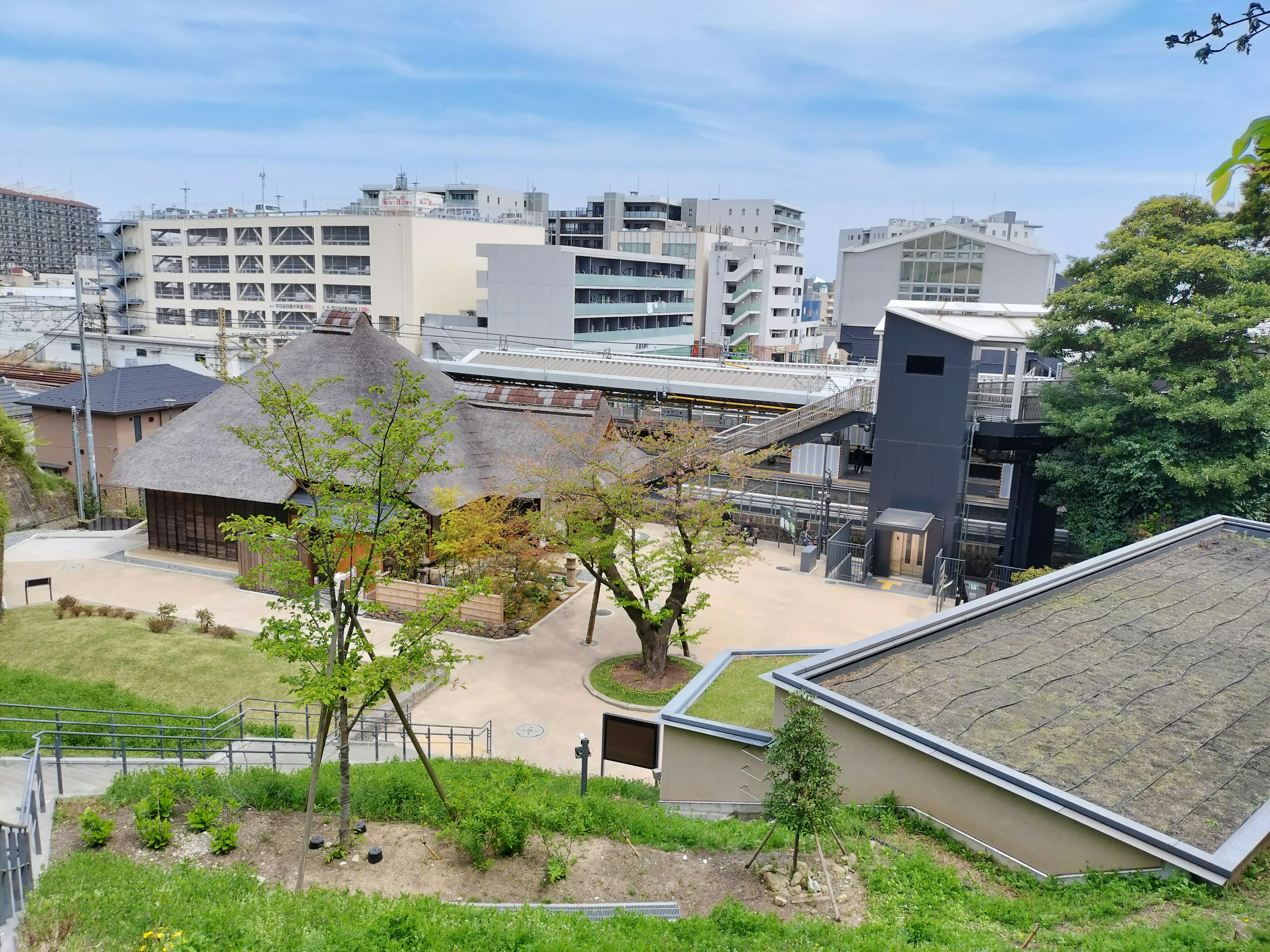 A harmonious view of a lush park and modern buildings