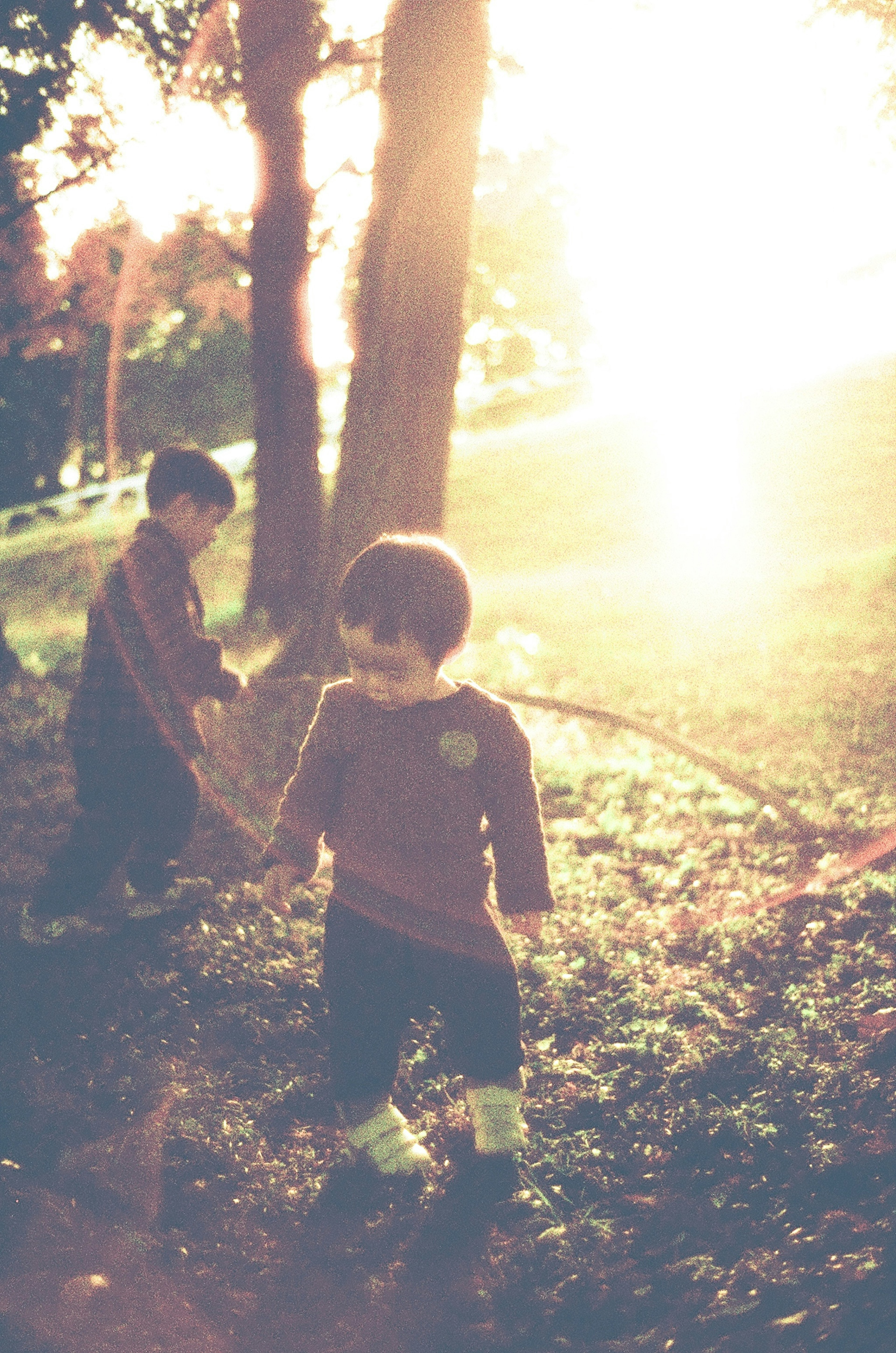 Dos niños jugando en un parque con luz suave y hierba verde capturando un momento de alegría