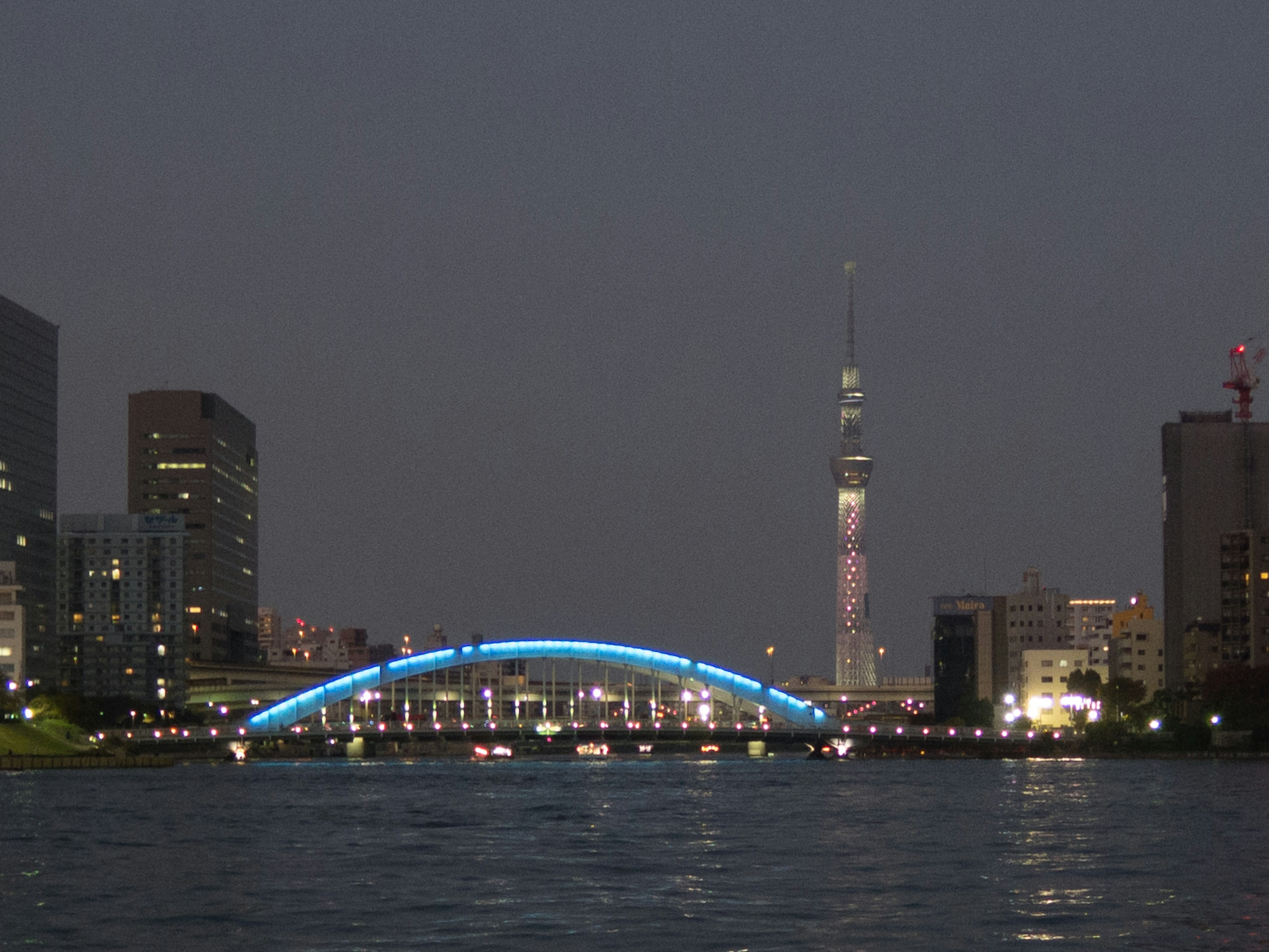 Vista notturna della Tokyo Skytree e di un ponte blu