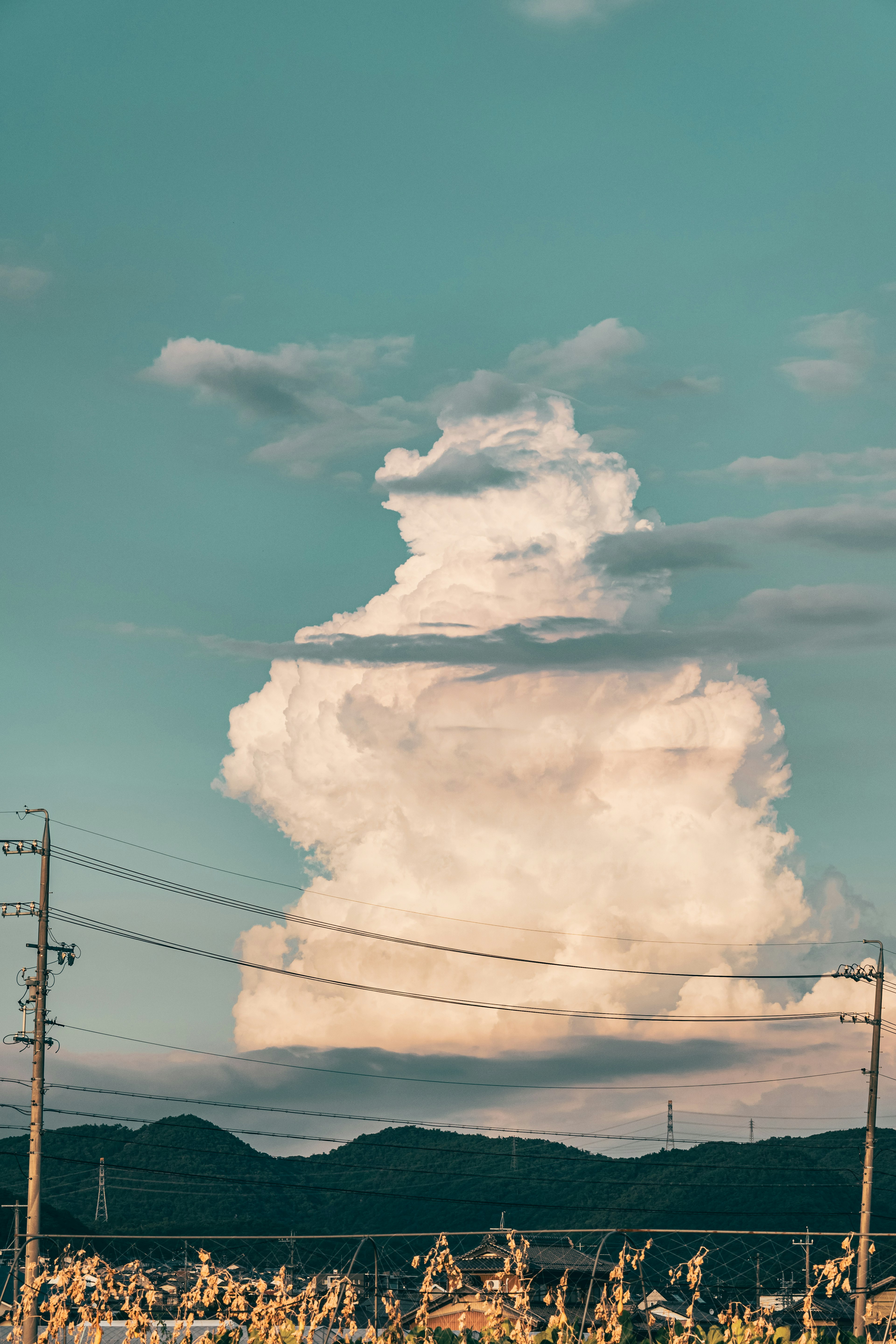 青空に浮かぶ大きな雲が山の上に見える