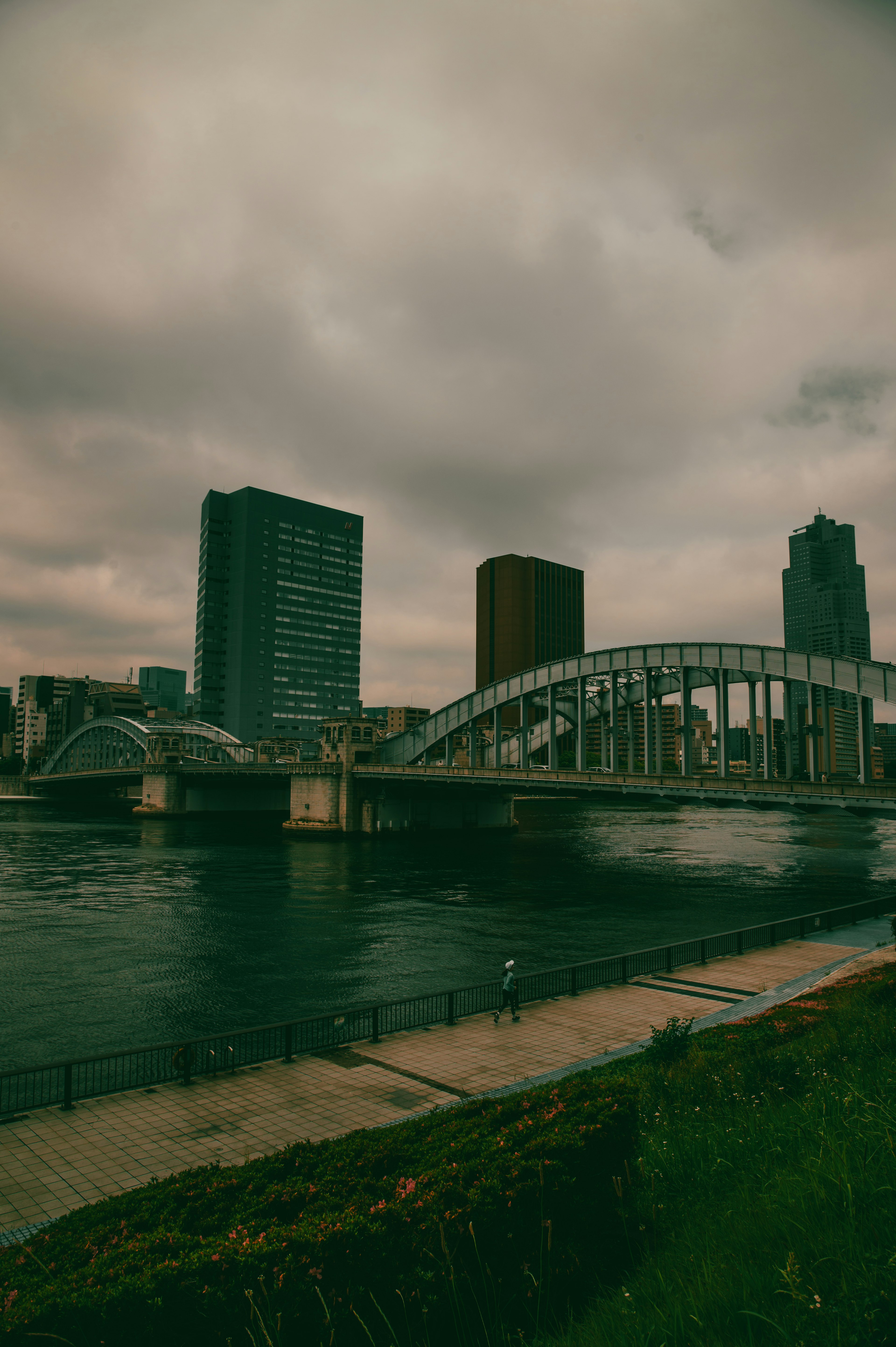 Cityscape featuring a river and modern buildings with a bridge under a cloudy sky