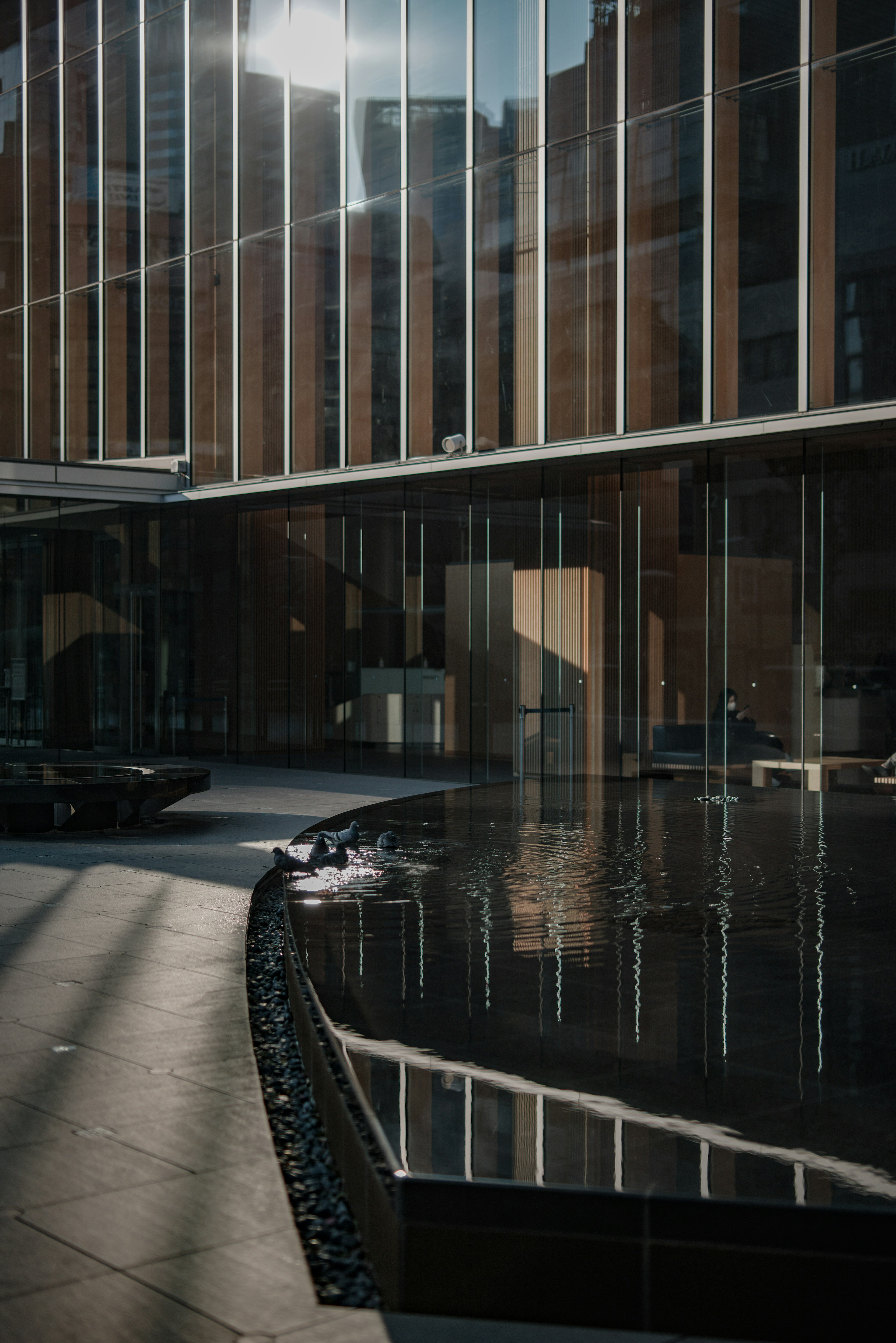 Moderne Gebäudeaußenansicht mit reflektierender Wasseroberfläche