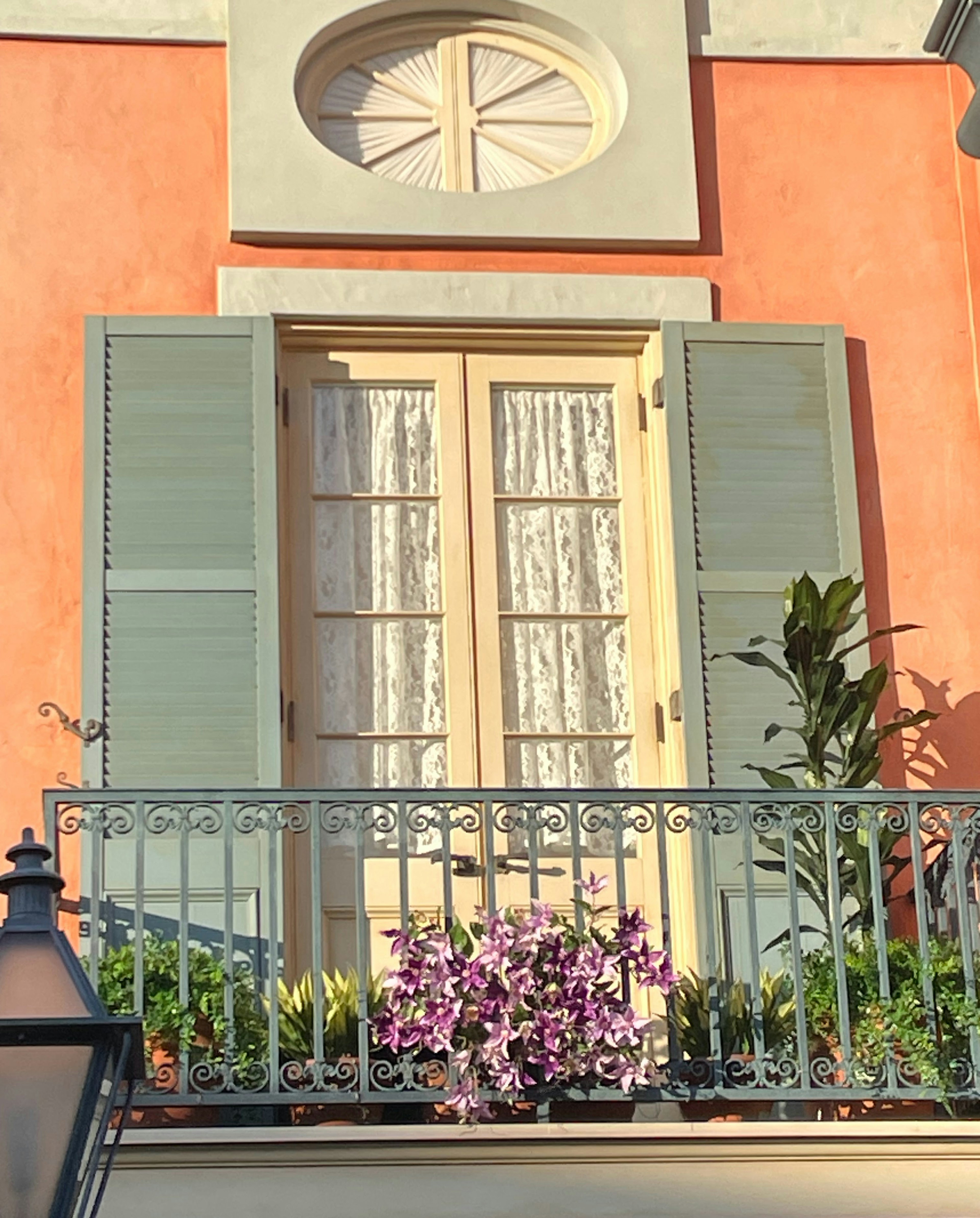 Eine Balkontür mit grünen Fensterläden an einer orangefarbenen Wand, geschmückt mit Topfpflanzen