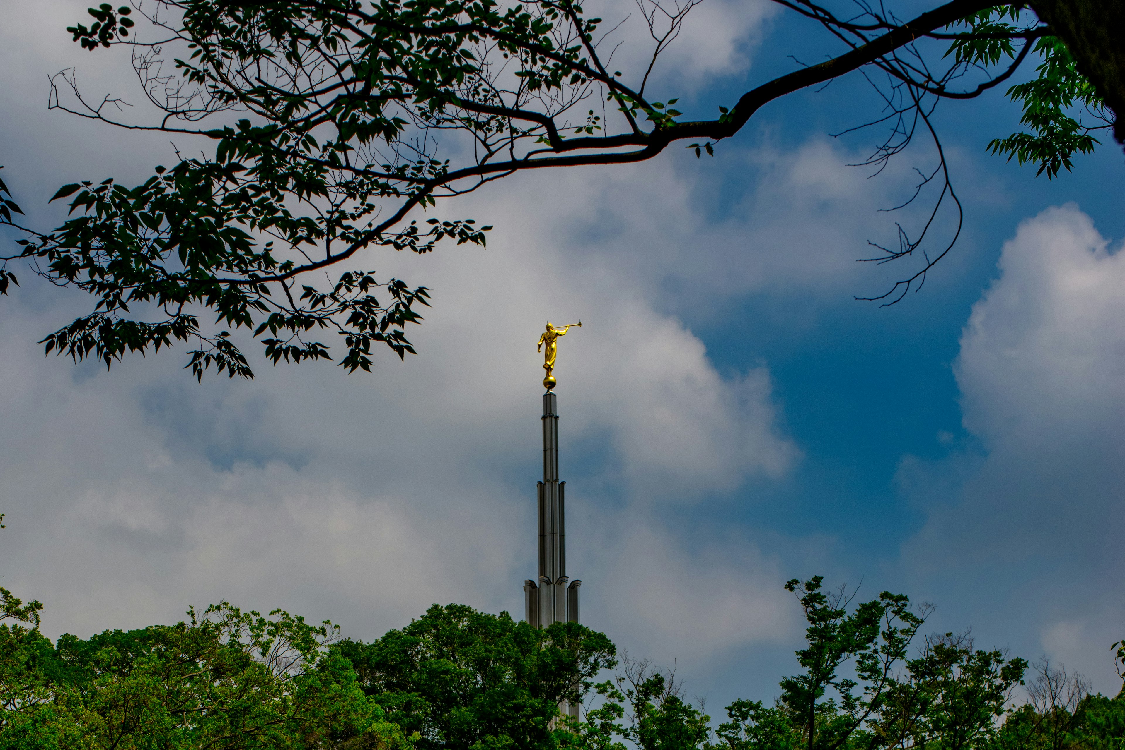 Spitze sichtbar zwischen grünen Bäumen und blauem Himmel