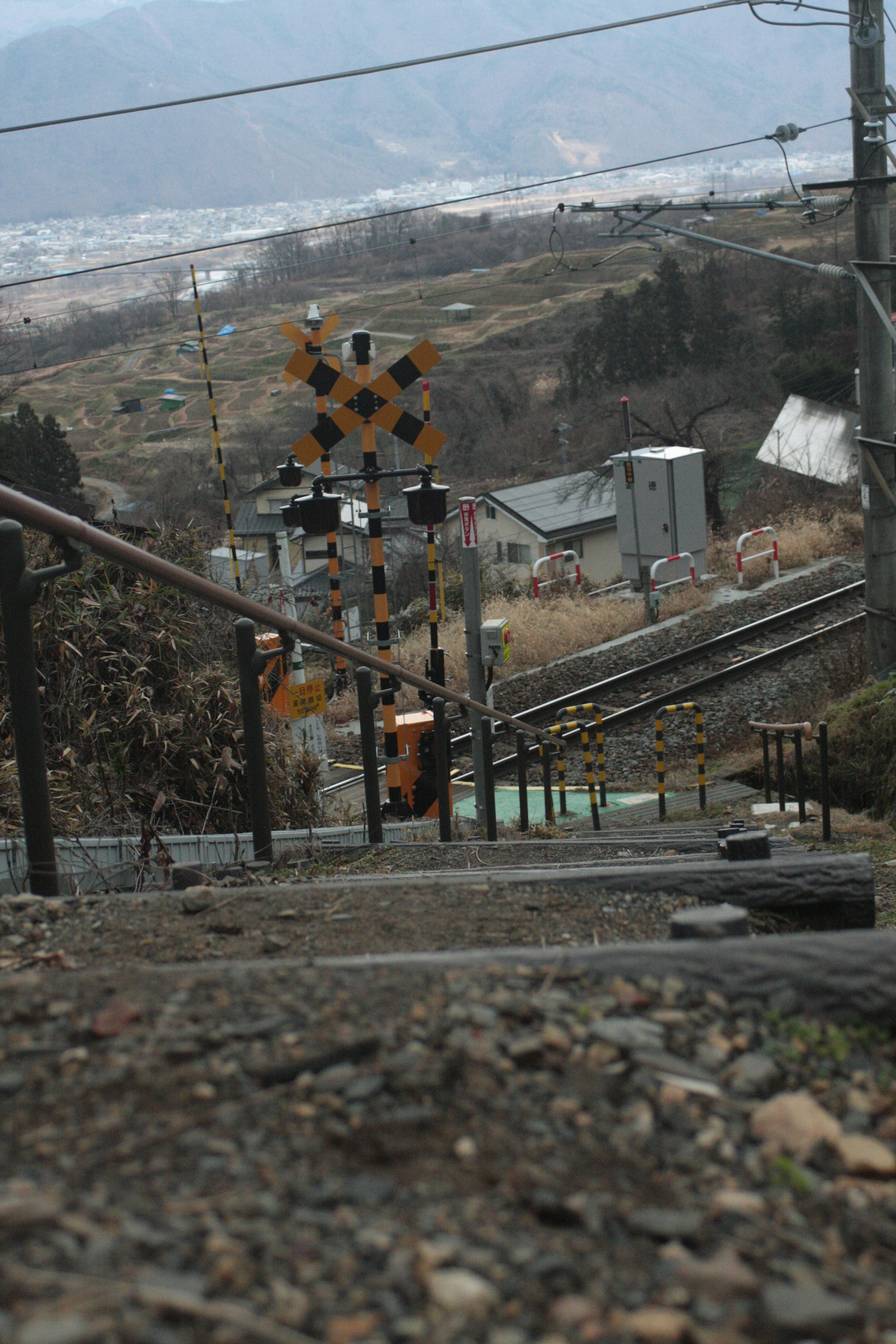 Railroad crossing signal near the tracks with surrounding landscape