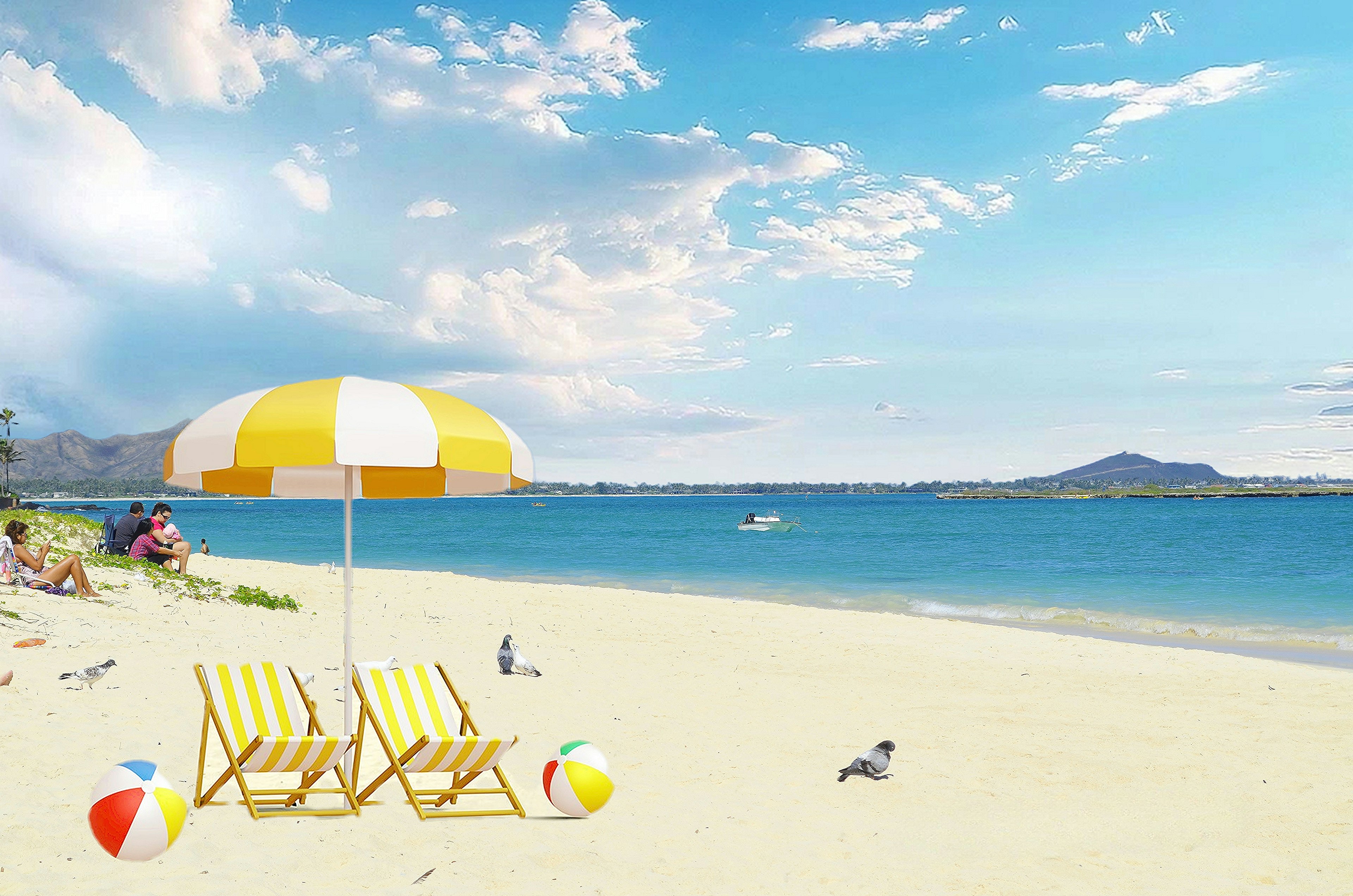 Strandszene mit blauem Ozean und weißem Sand mit einem gelb-weißen Sonnenschirm und zwei Liegestühlen