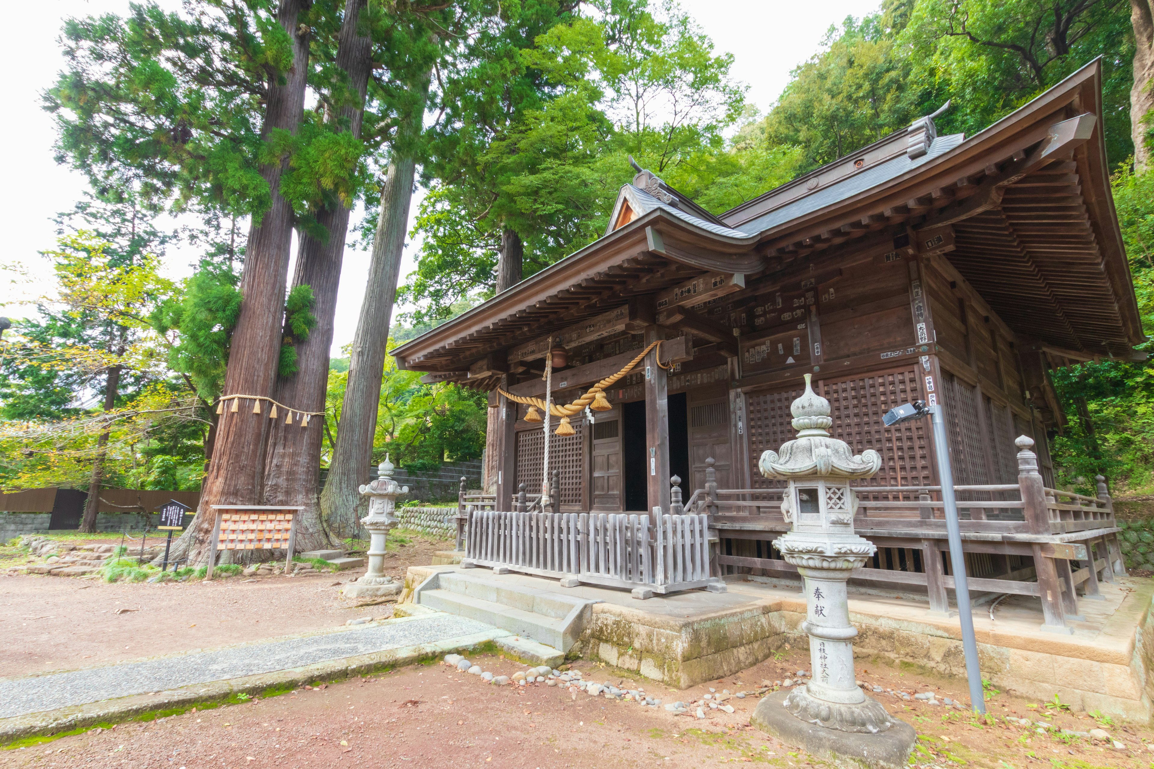 Wooden shrine building with stone lanterns and surrounding trees