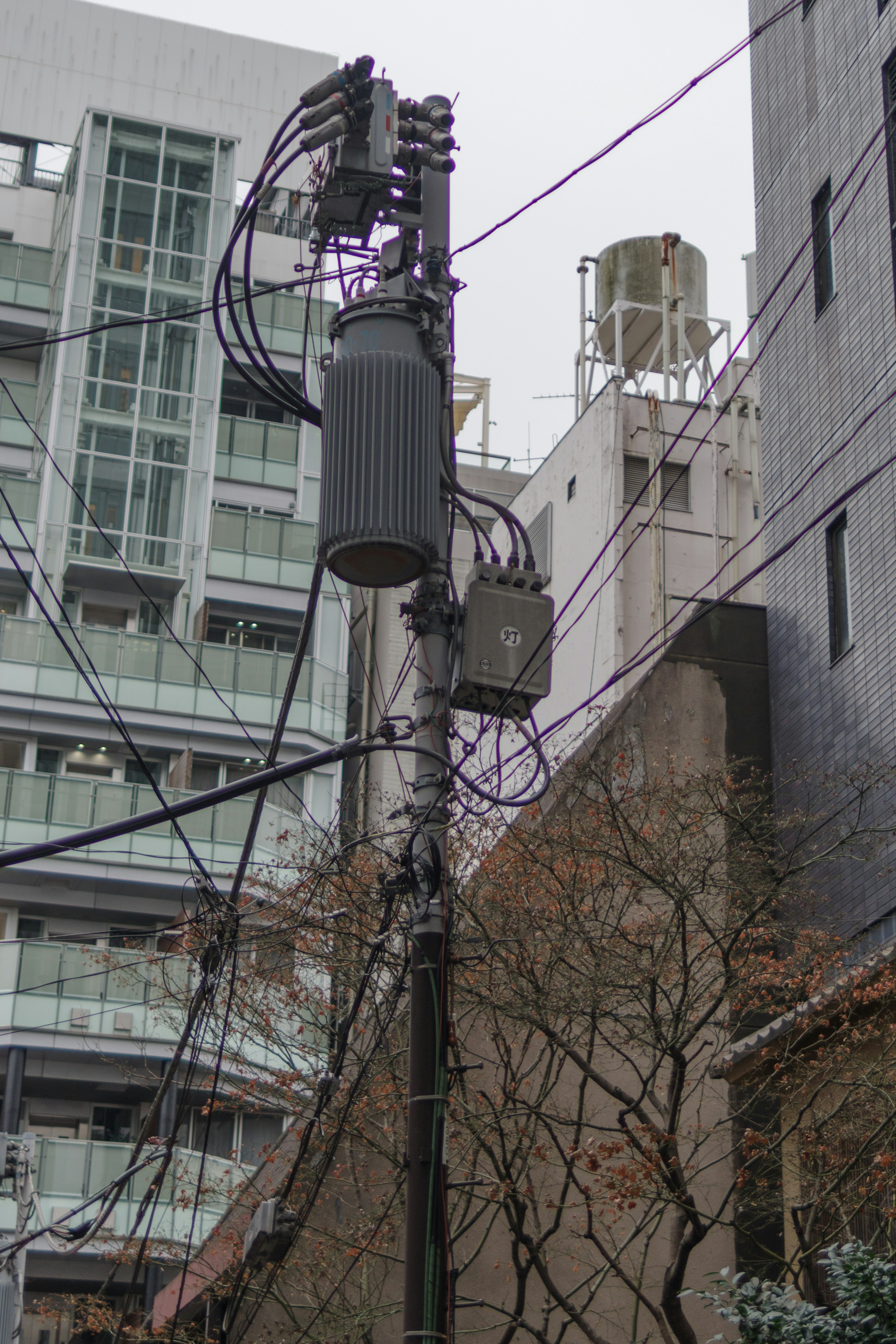 Utility pole with transformer and complex wiring, buildings visible in the background