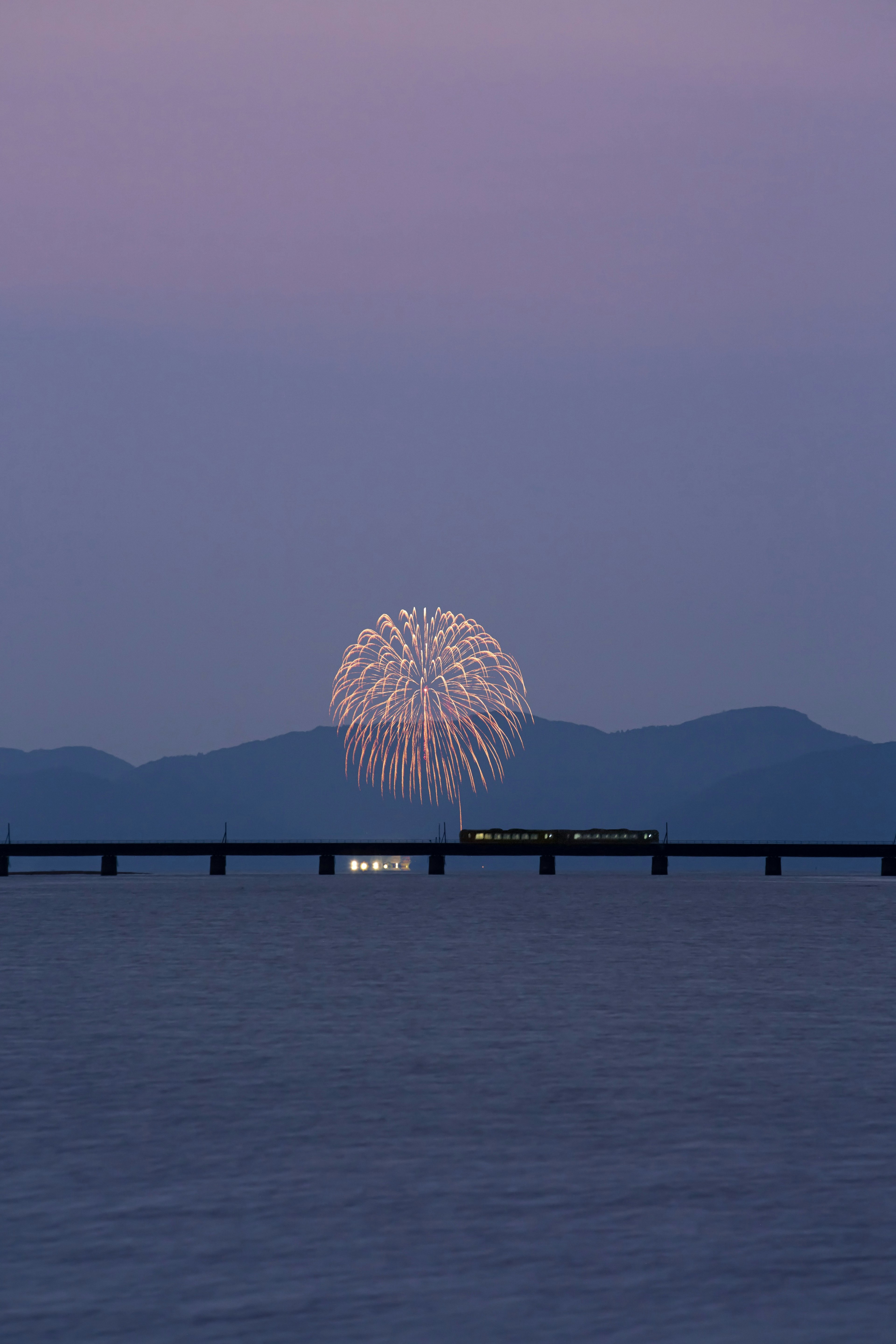 Feux d'artifice au-dessus de l'eau avec un pont au crépuscule