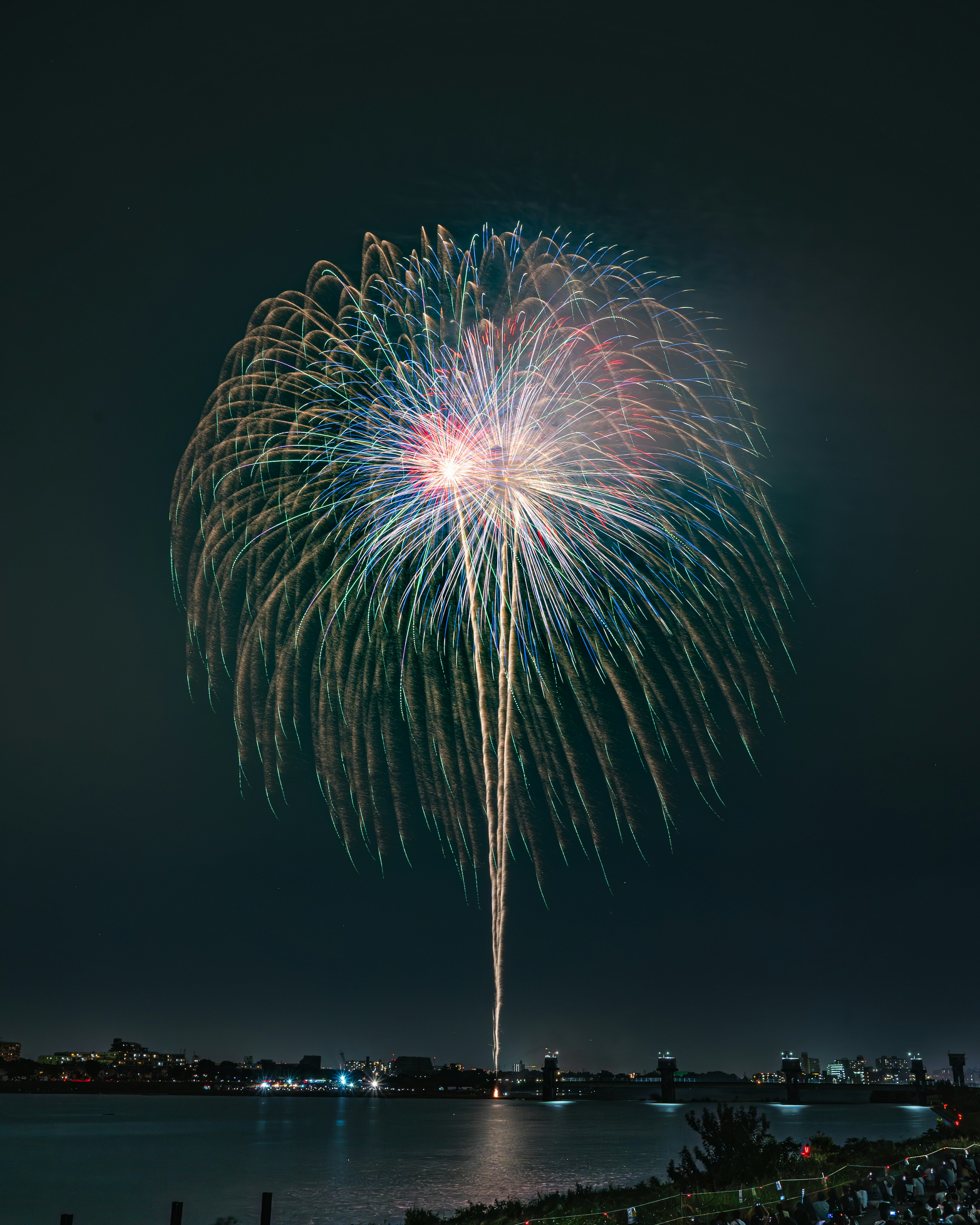 Fuochi d'artificio colorati che esplodono nel cielo notturno sopra un fiume