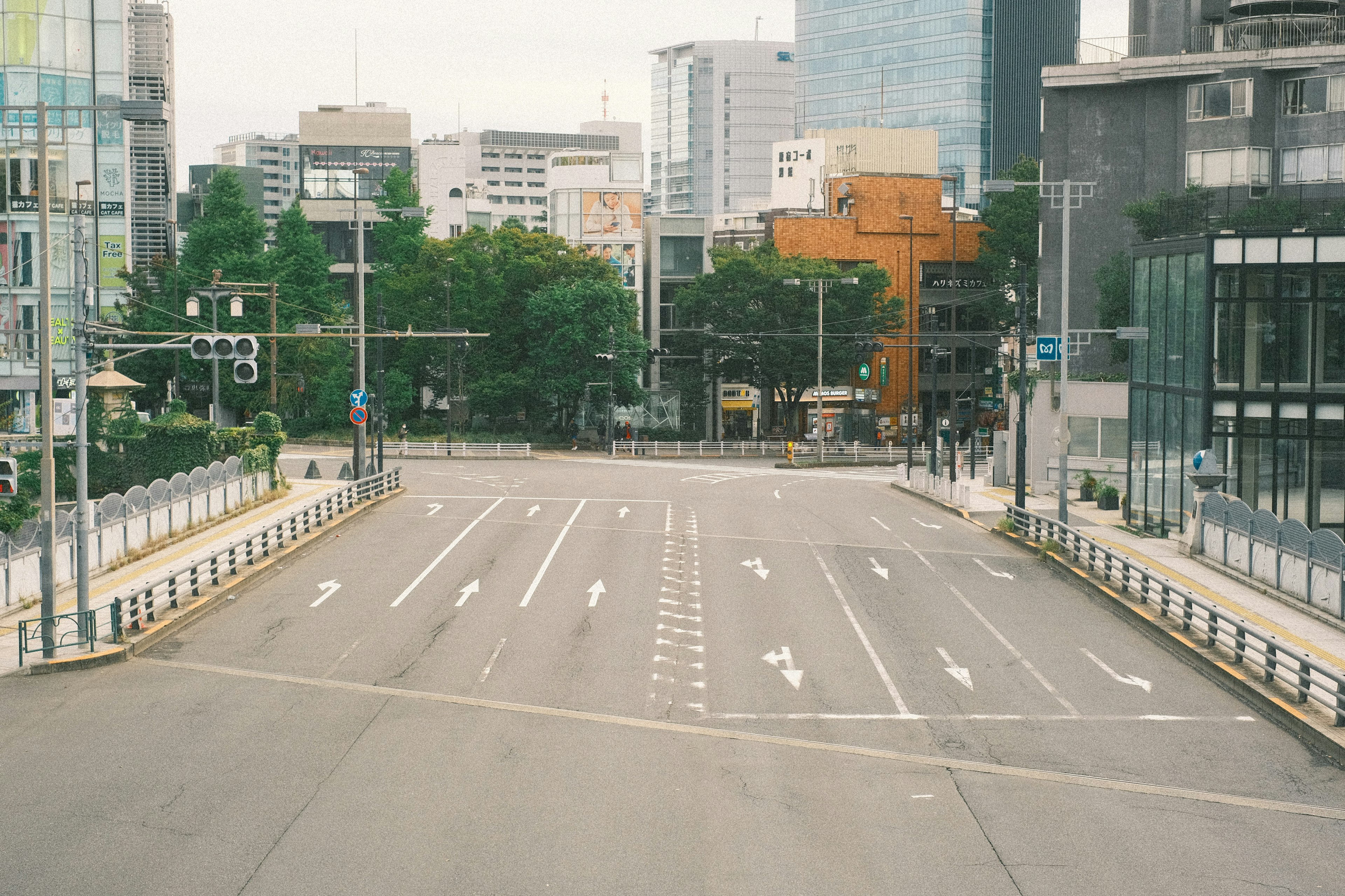 สี่แยกเงียบสงบล้อมรอบด้วยอาคารและความเขียวขจี