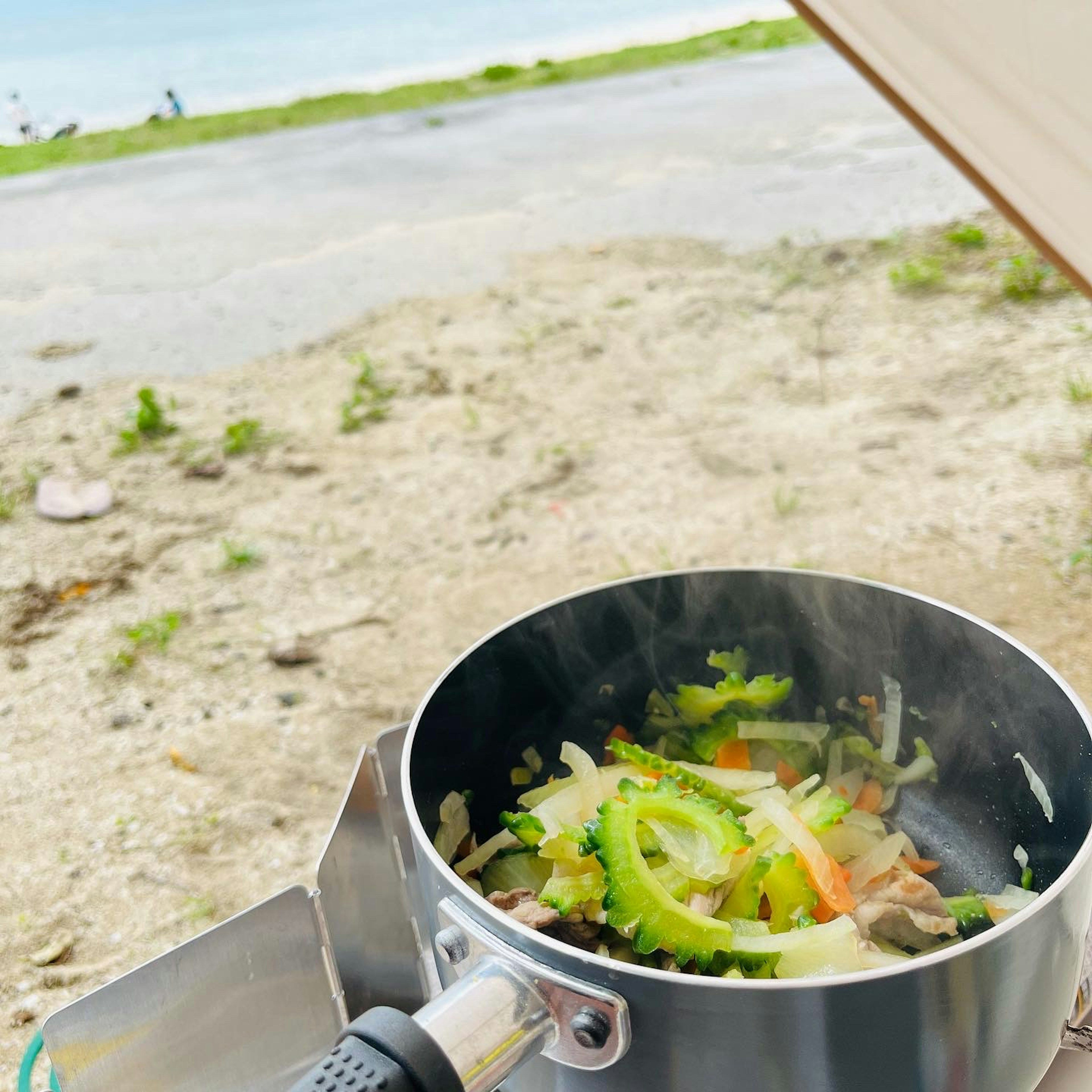 Une casserole avec des légumes cuits à la vapeur sur la plage