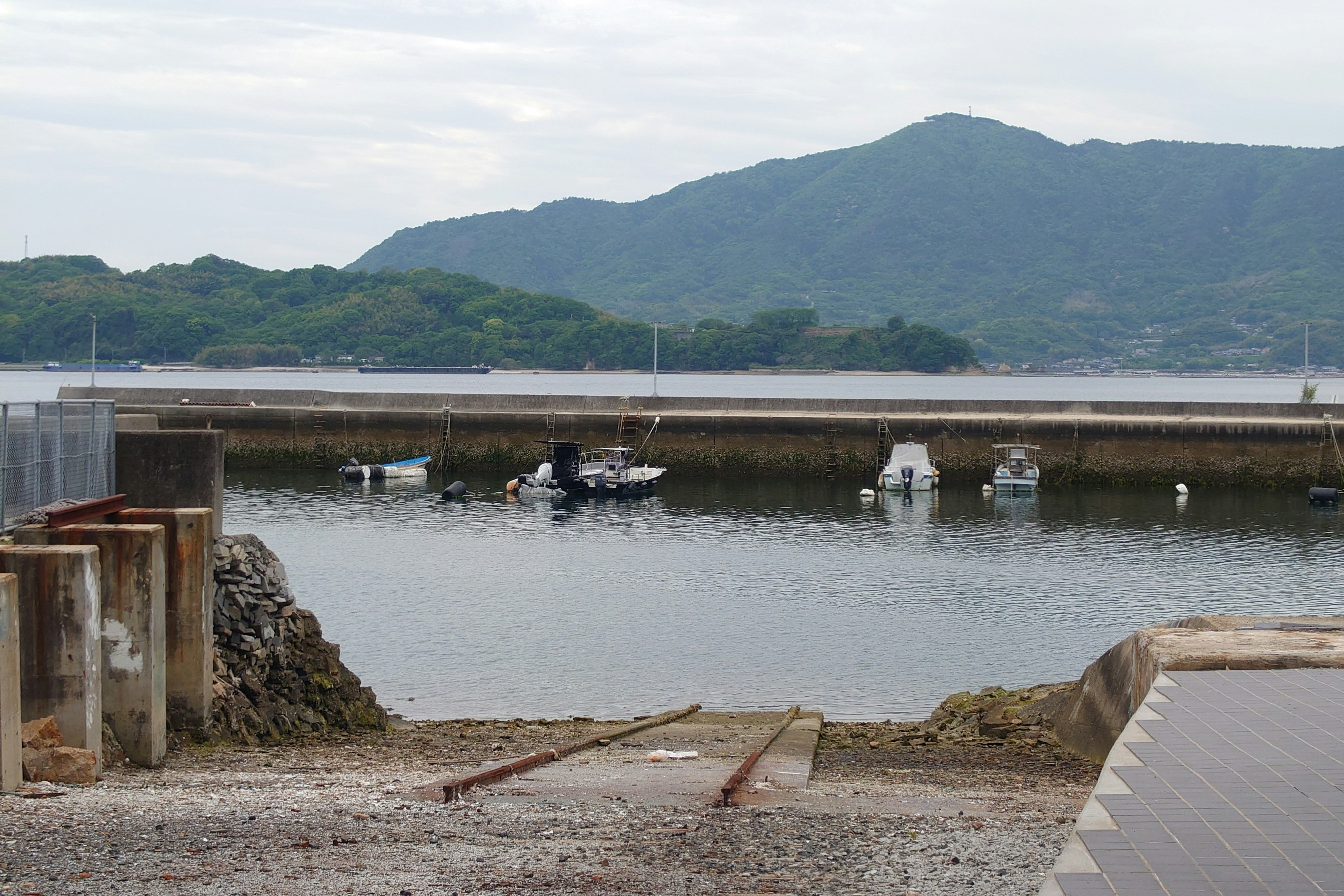 Calm harbor scene with boats and mountain background