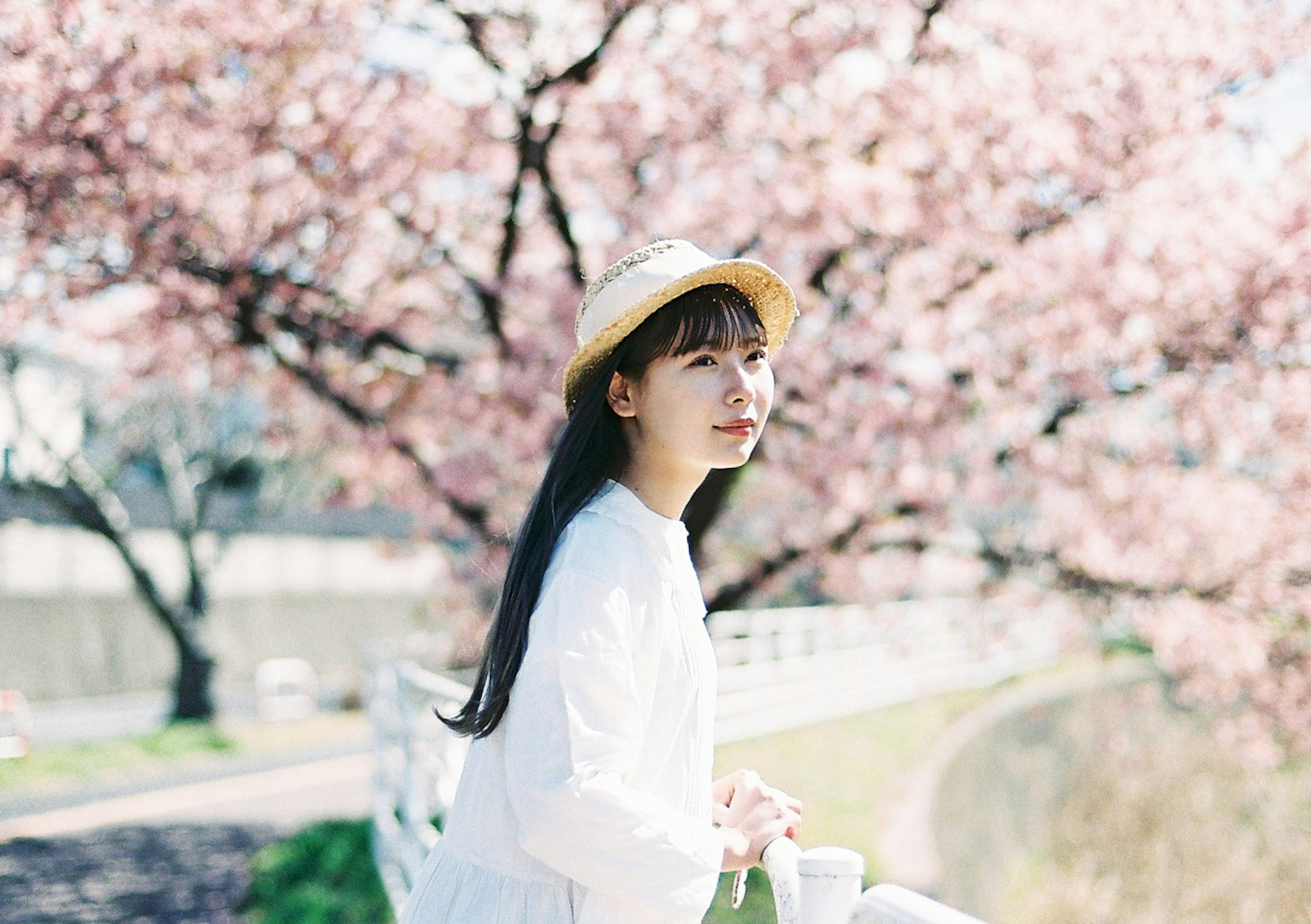 桜の花の前に立つ女性のポートレート