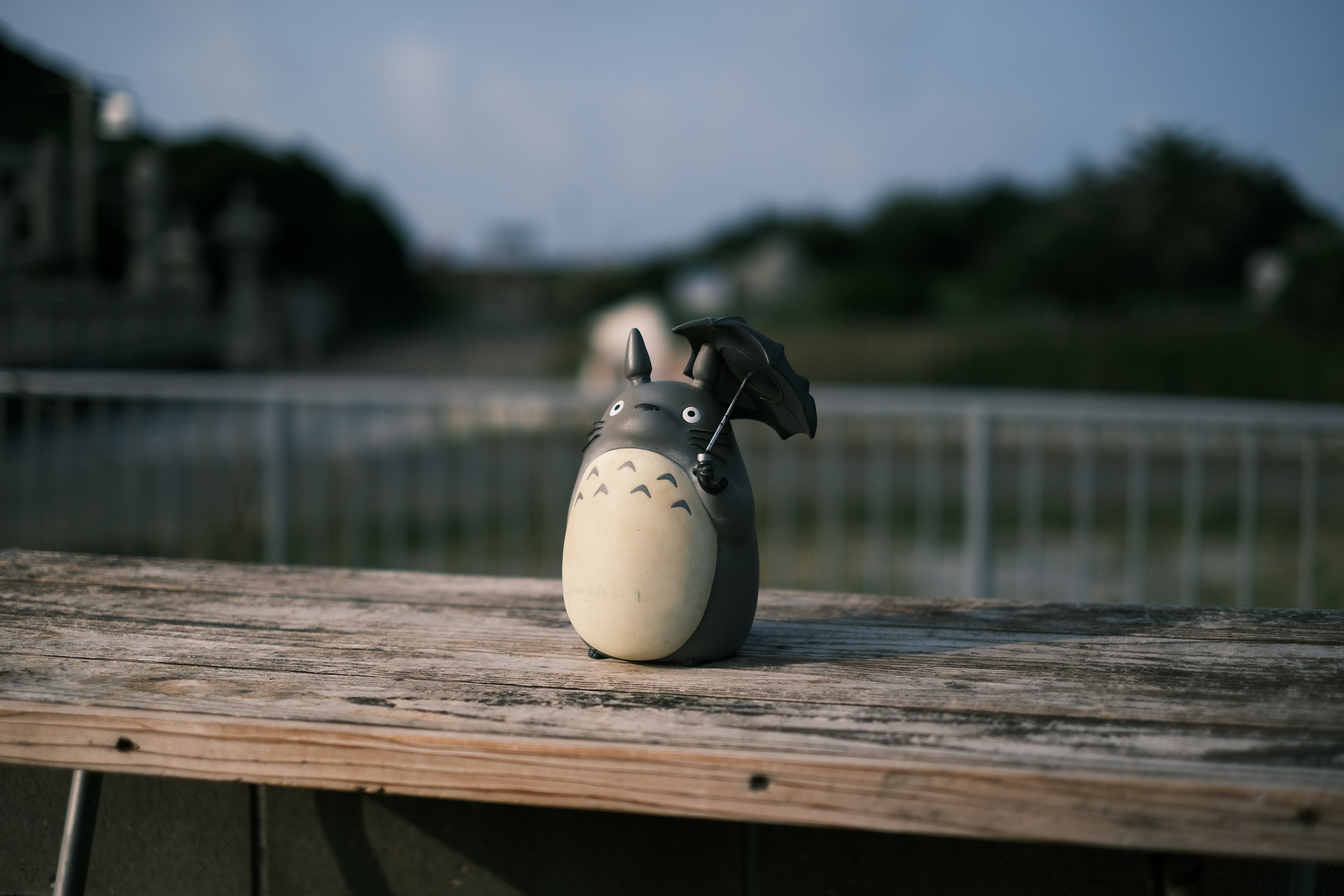 Figurine Totoro di atas meja kayu dengan latar belakang alami