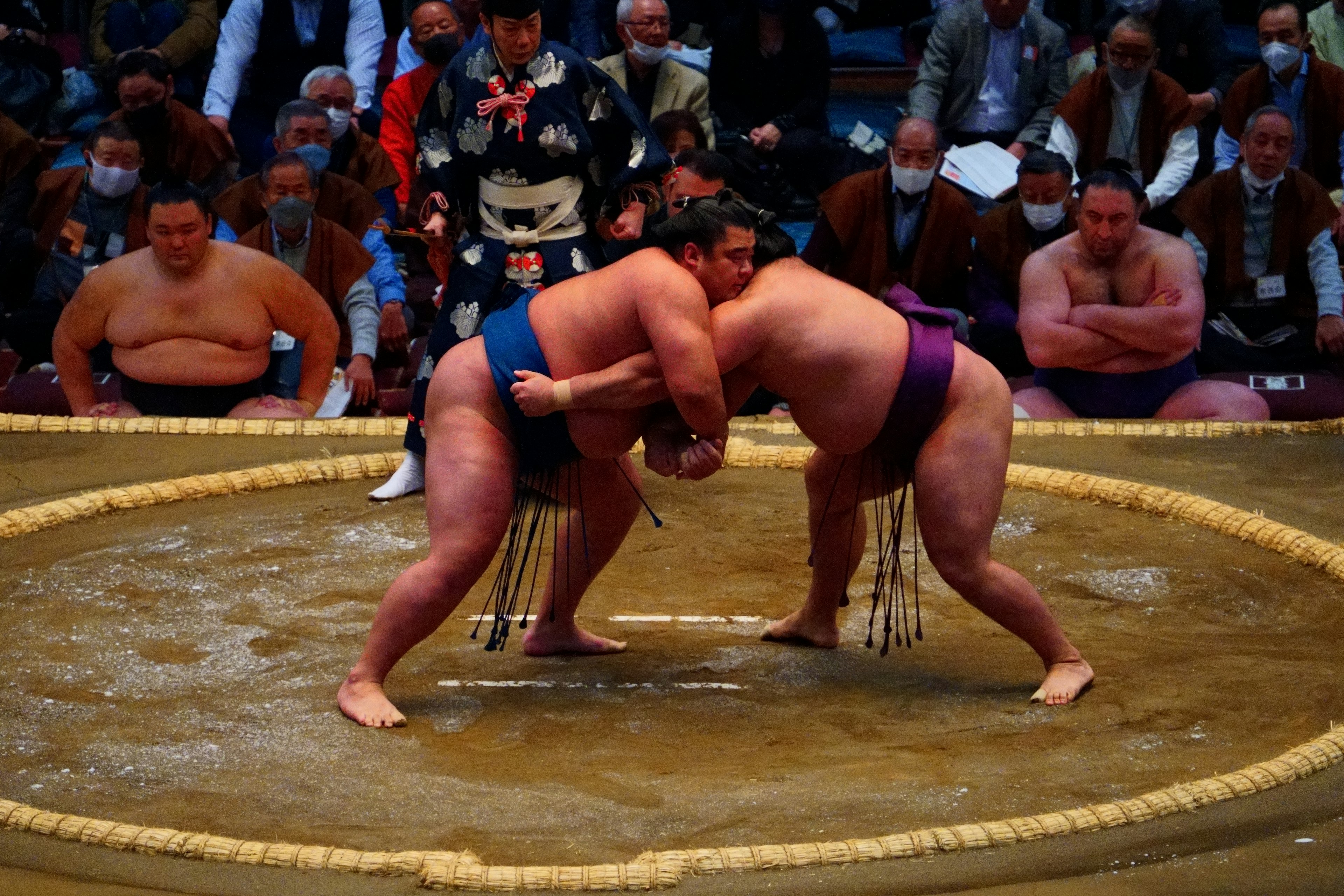 Two sumo wrestlers engaged in a match in a traditional ring with spectators