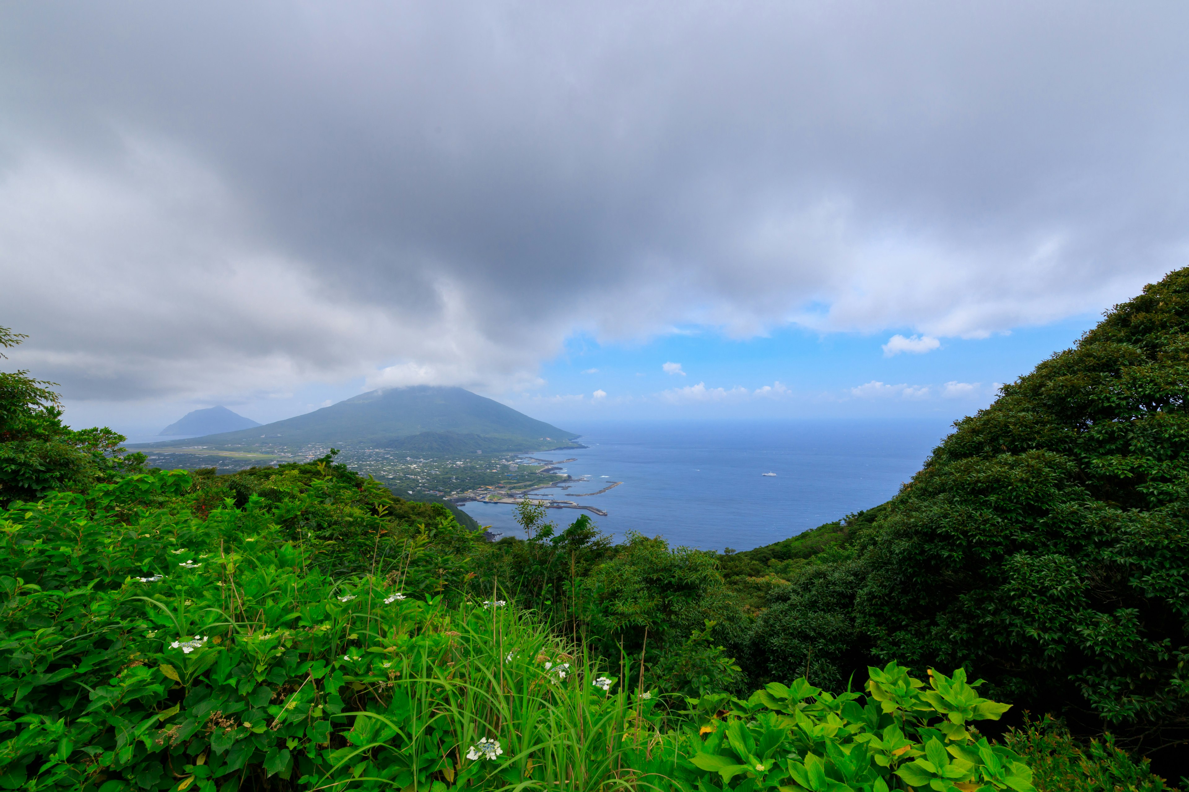 Lush green landscape with blue sea and mountains in the background