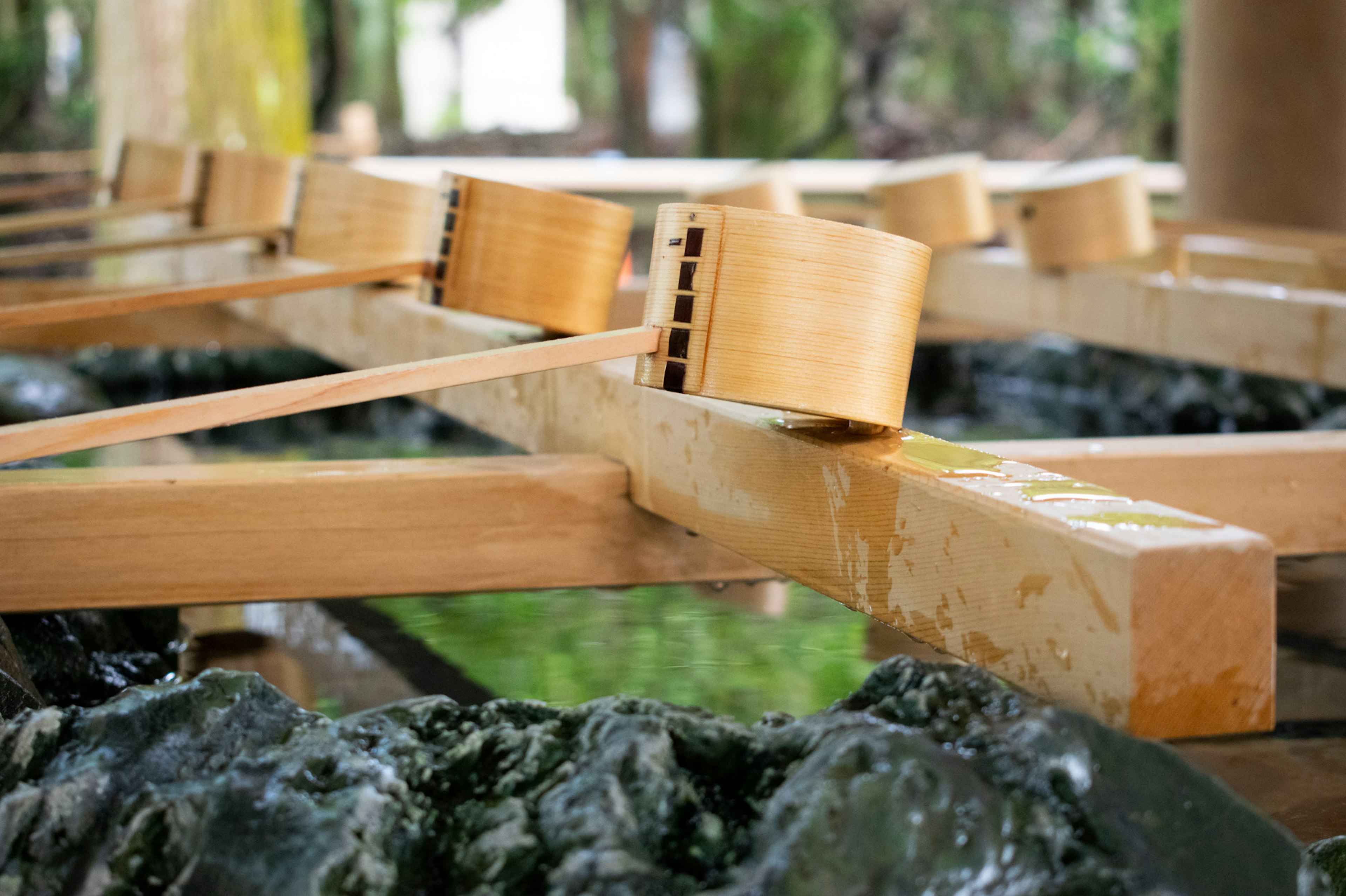 Eine ruhige Szene mit Holzlöffeln, die an einem Wasserbecken angeordnet sind