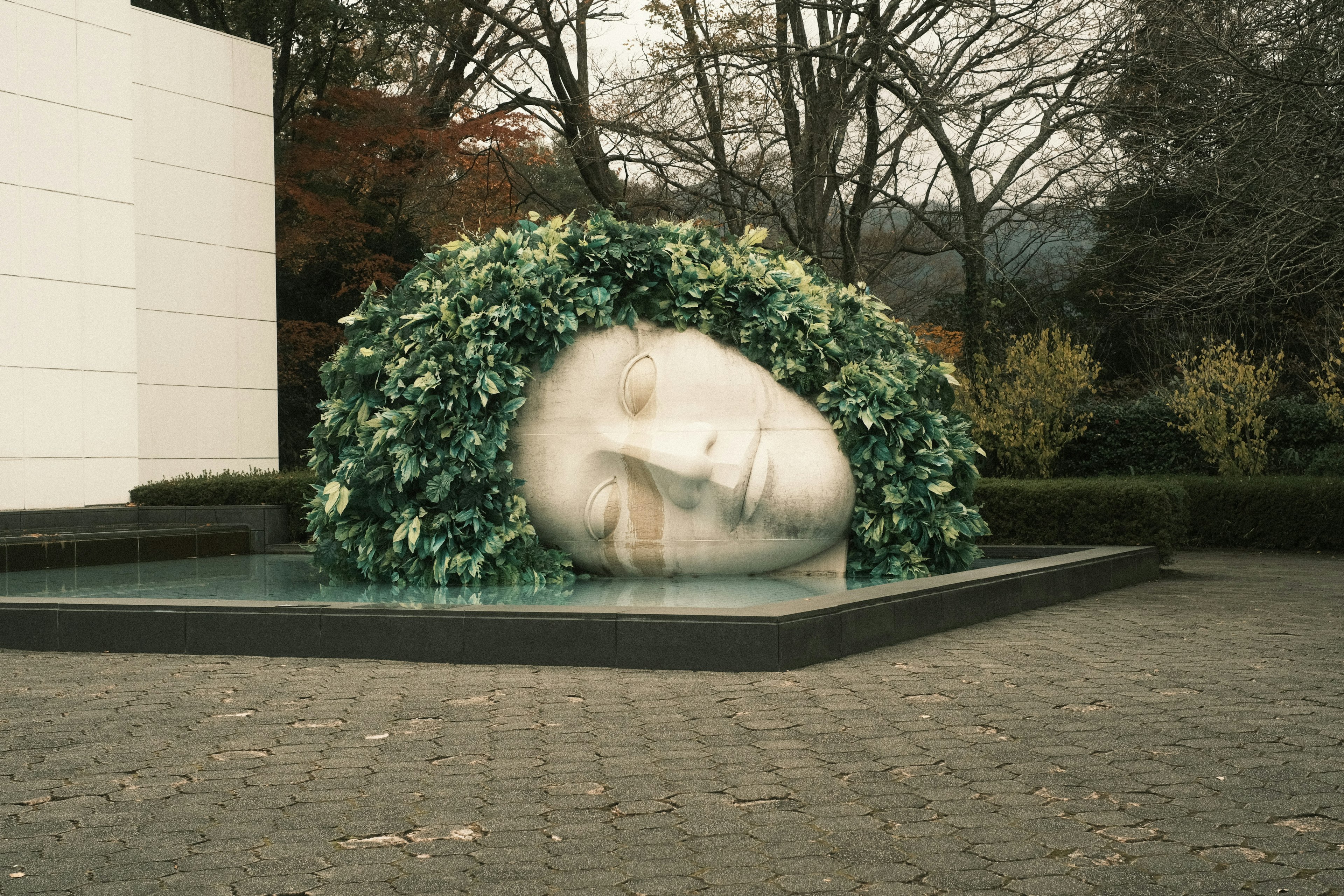 Une sculpture de visage entourée de feuillage vert dans une fontaine