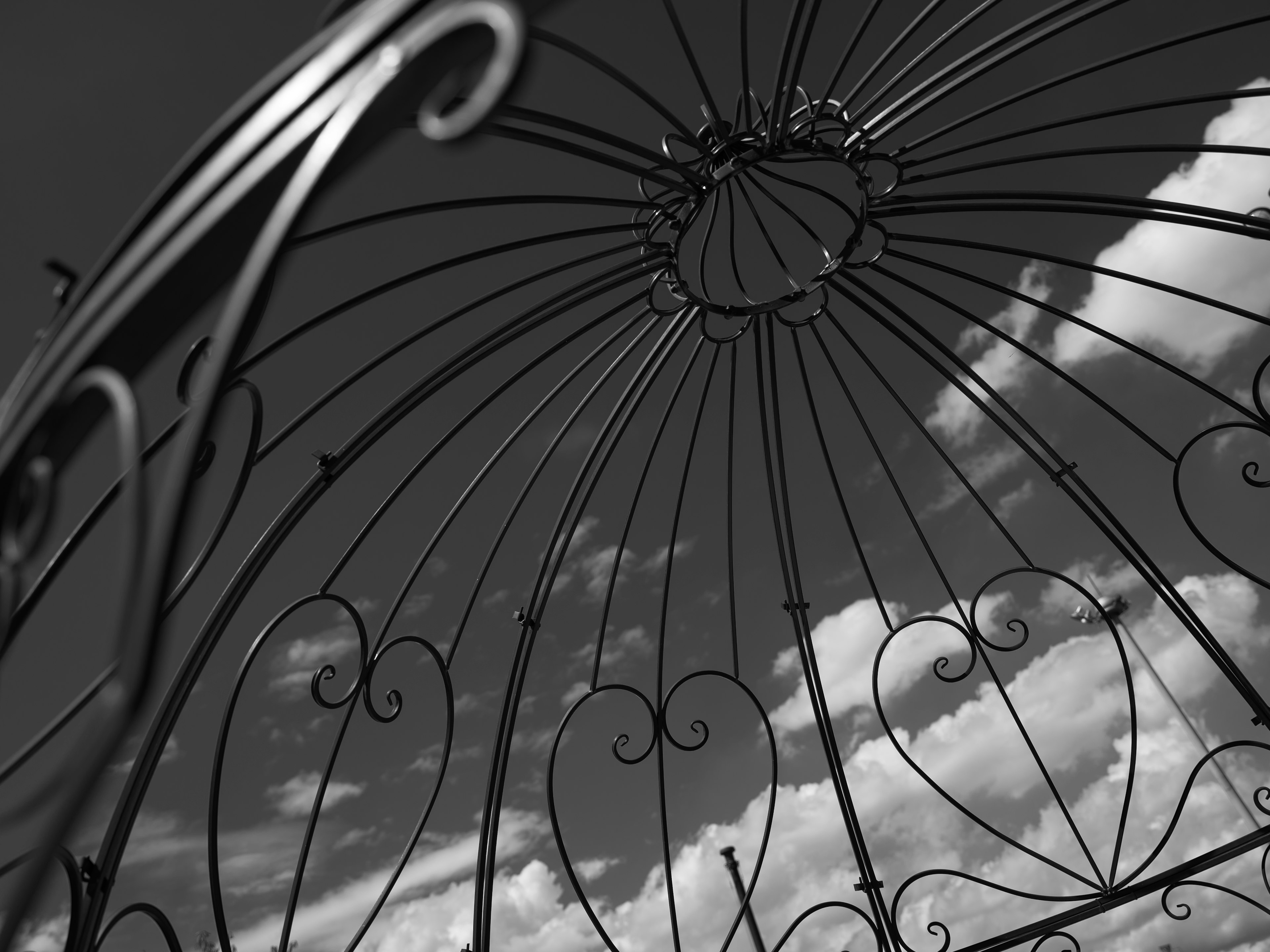 Decorative iron arch structure under a black and white sky