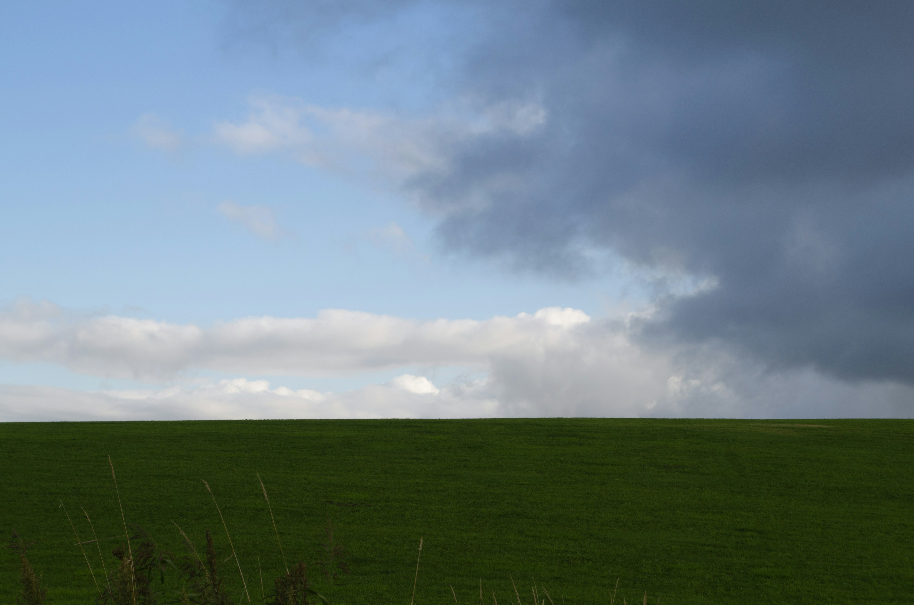 Paysage avec un champ vert sous un ciel bleu et des nuages sombres