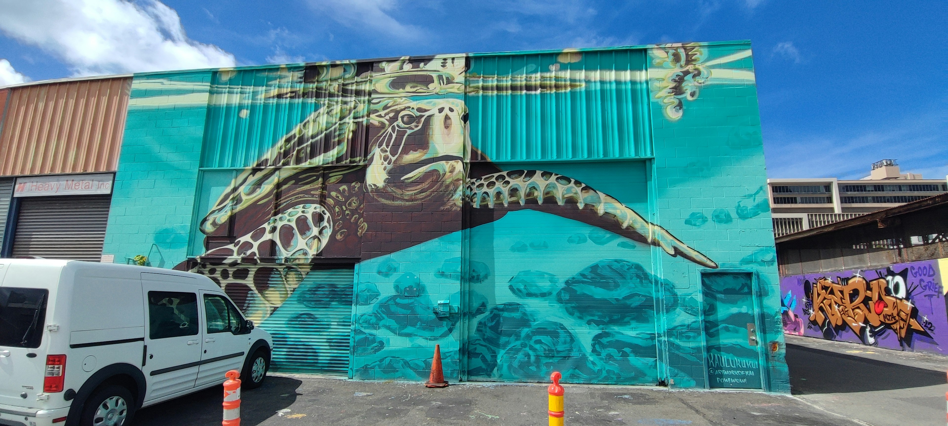 Un hermoso mural de una tortuga marina en el exterior de un edificio con un fondo azul y vida marina