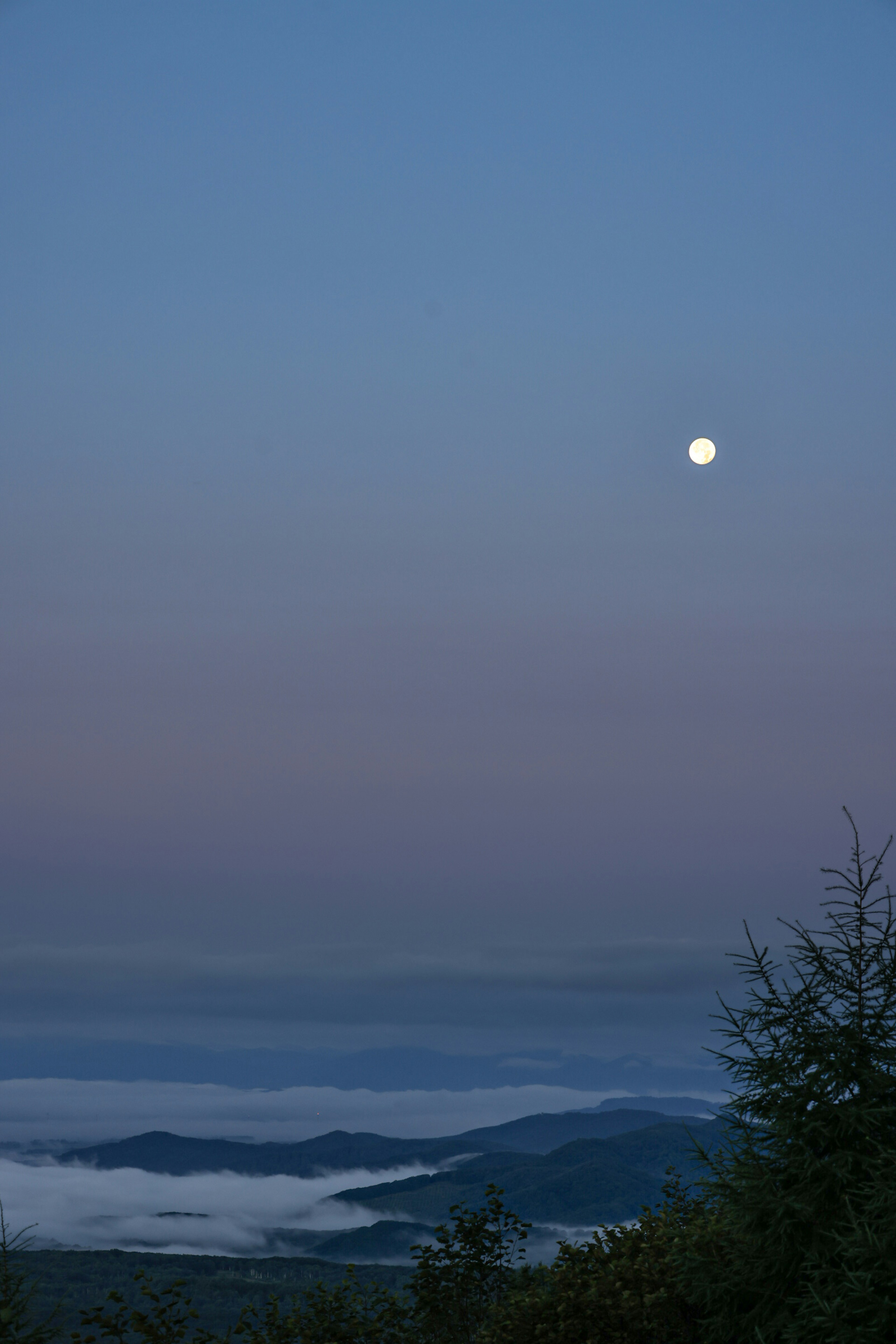 Luna en un cielo crepuscular sobre un mar de nubes