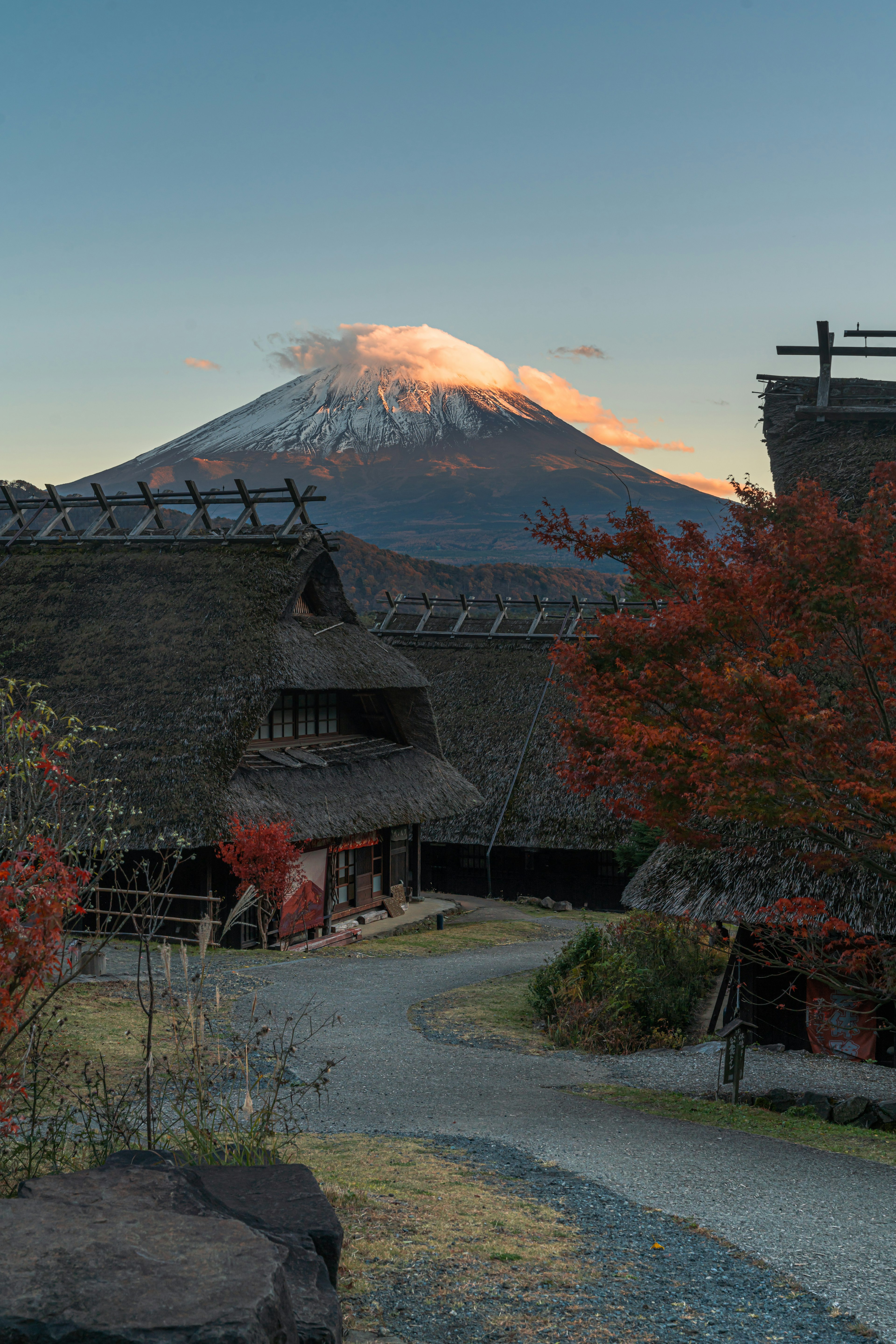 Traditionelle japanische Häuser mit Herbstlaub und dem Fuji im Hintergrund