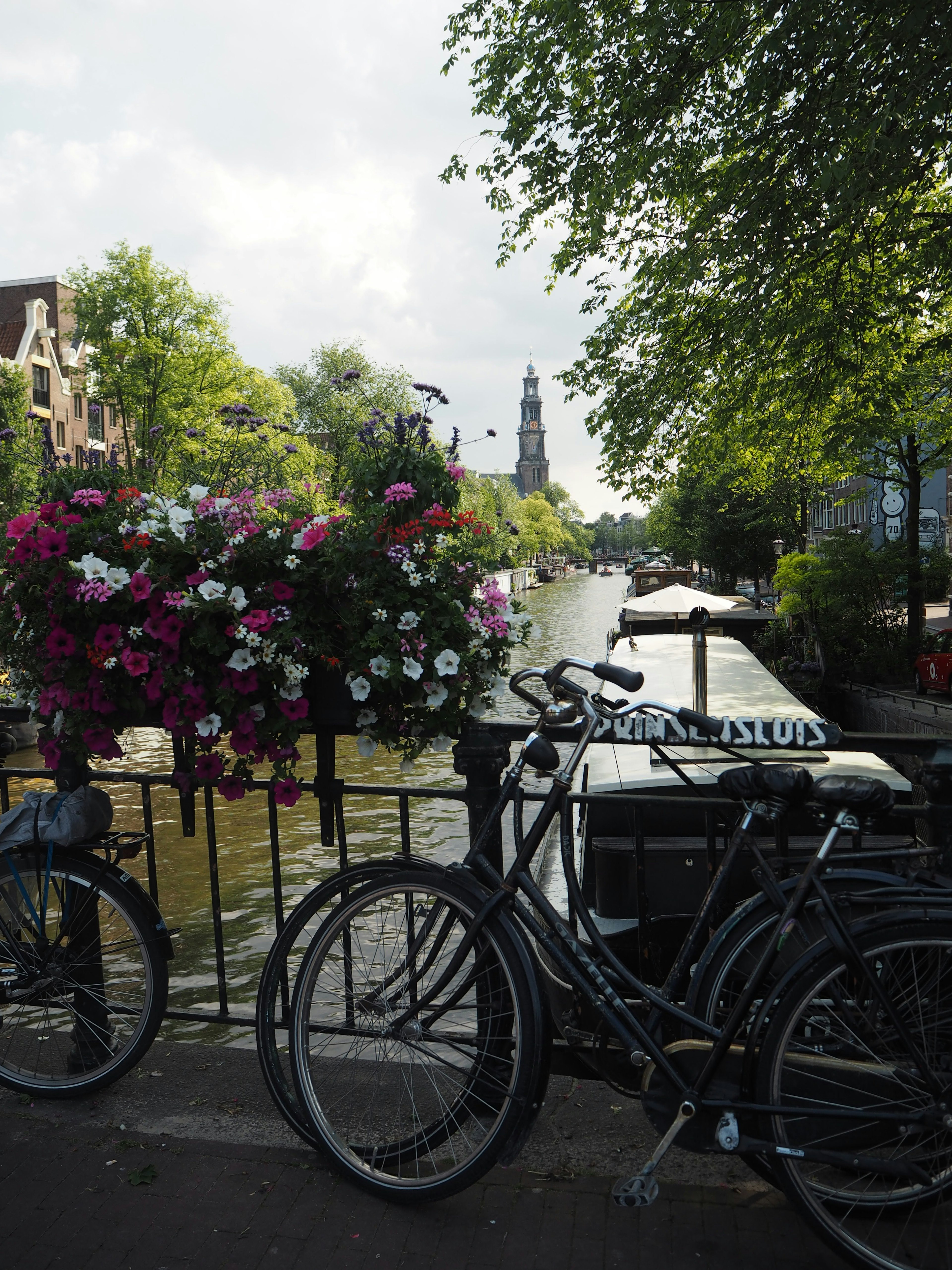 Amsterdamer Kanal mit Fahrrädern und blühenden Blumenkübeln in einer malerischen Szenerie