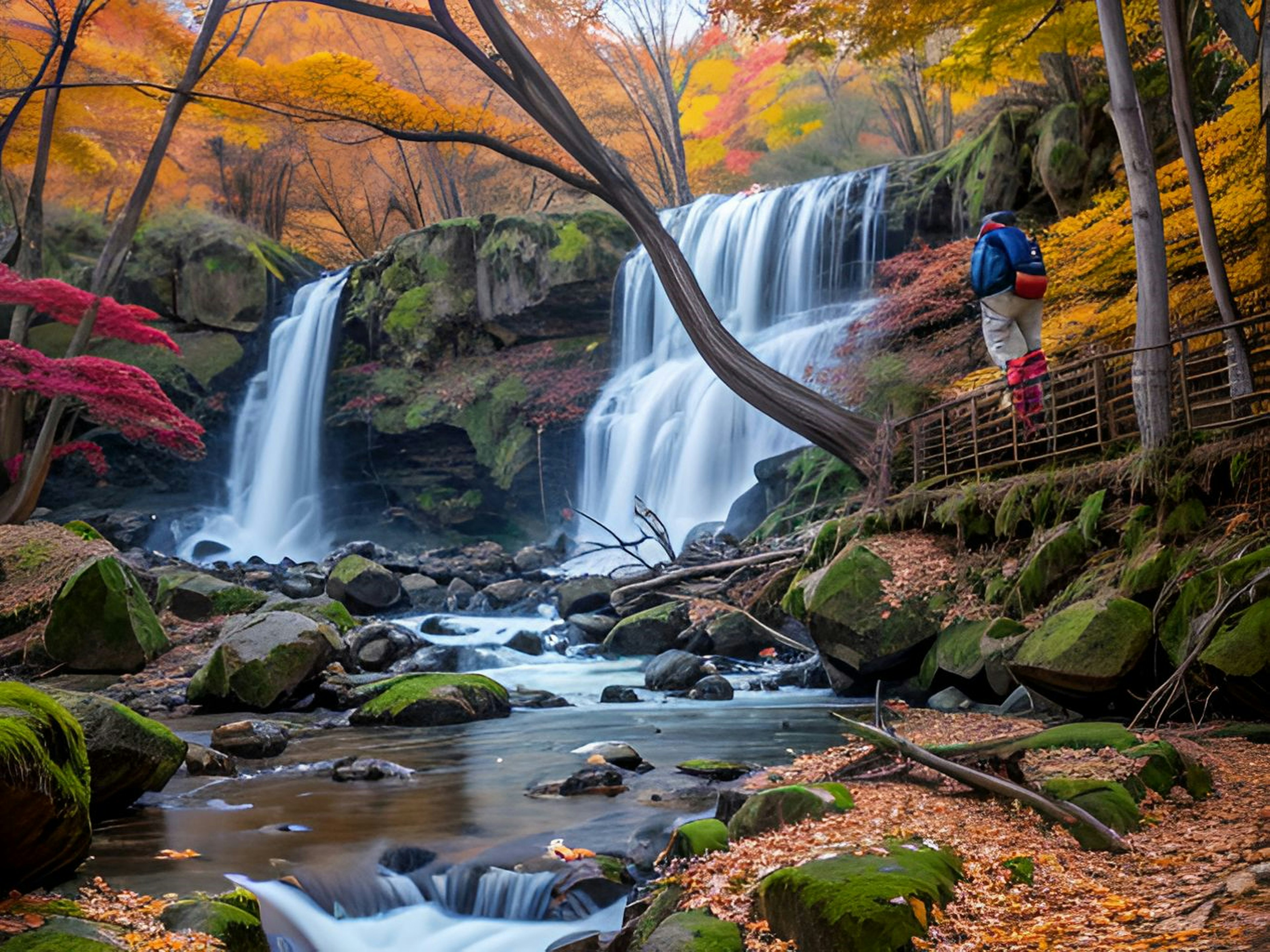 Wanderer steht neben einem schönen Wasserfall, umgeben von herbstlichem Laub